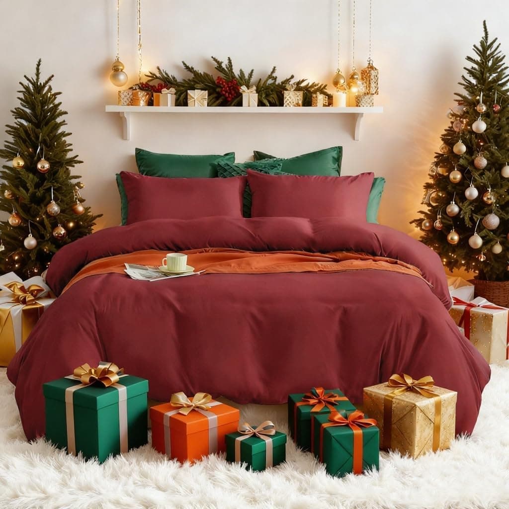 Bedding Set and Fitted Sheet King Size 110GSM 4 Pieces Brushed Microfiber Duvet Cover with Pillowcases Luxury with 16'' Deep Pocket Bed Sheet Soft Fade Resistant Burgundy