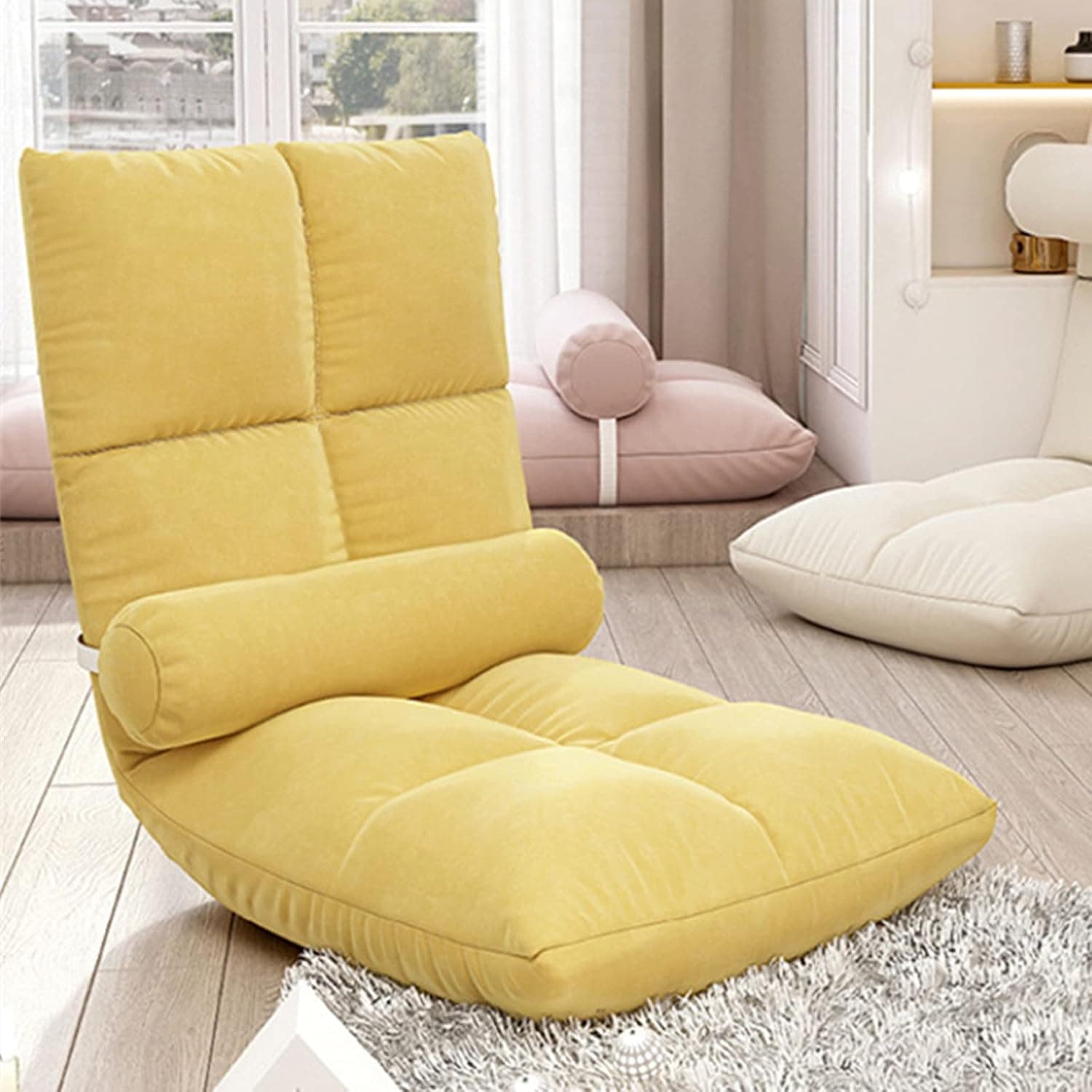 Élégant canapé pliable de sol multi-angle, chaise pliante de sol rembourrée réglable avec dossier pour la maison et le bureau, fauteuil relax pour méditation ou jeu (yellow)