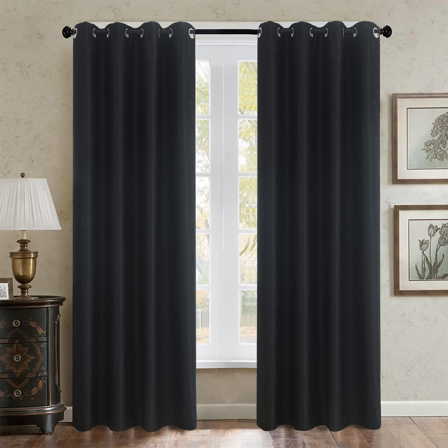 AYSW Eyelet Blackout Curtains for Bedroom Window Thermal Insulated Panels with Two Matching Tie Back 46" Width x 54" Drop 2 Panels Black