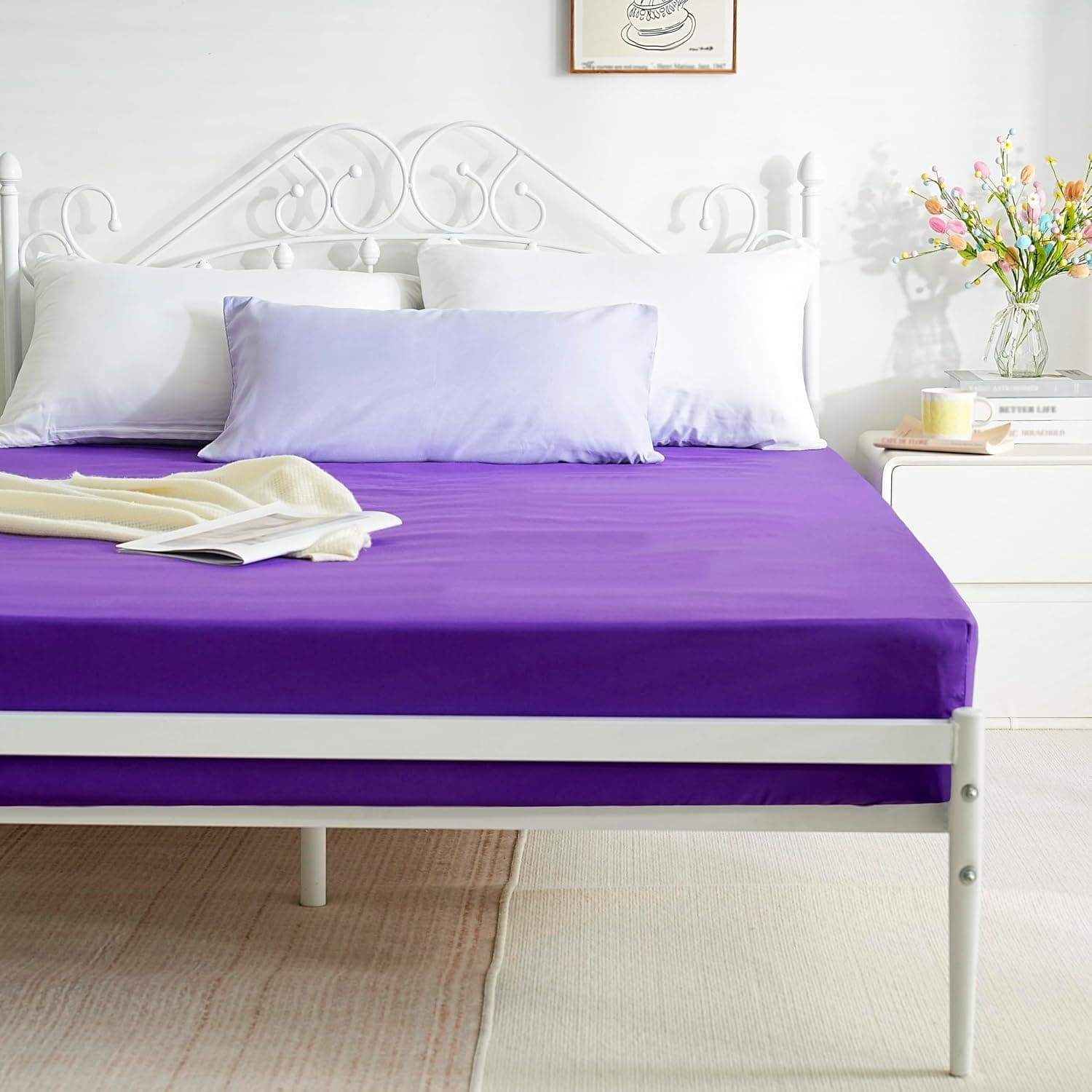 AYASW Fitted Sheet Only Full Size Deep Pocket 16 Inches Premium Soft and Cozy Bed Bottom Sheet 1800 Brushed Microfiber Wrinkle Fade Resistant Easy Care Stable Purple Holiday Décor