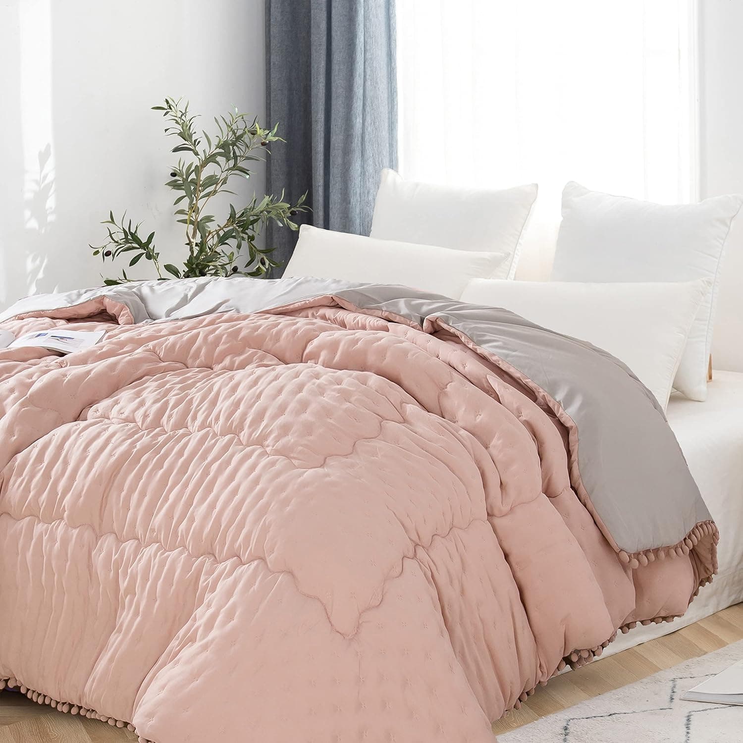 AYASW Lightweight Comforter Only Brushed Microfiber Ultra Soft Fluffy Air Comforter Twin Size for All Season Pink and Light Grey with Pompom Decoration