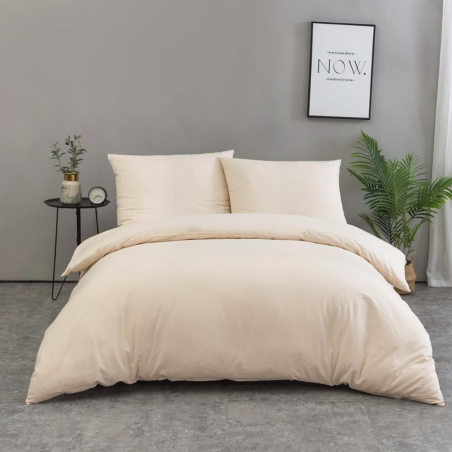 AYSW 300 TC Sets de Cover de Duvet 100% Cotton 200x200cm avec 2 Taies D'oreillers 65x65cm Beige Parure de Lit 2 Personnes avec la Fermeture Eclaire