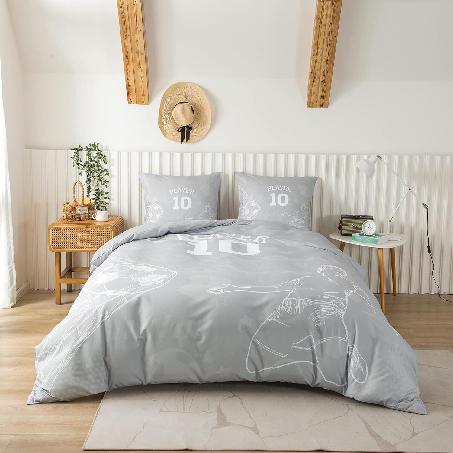 AYSW Cover de Duvet Football Coupe du Monde 220x240cm+2 Taies d'oreillers 65x65cm, 3D Parure de Lit 2 Personnes 100 Fils/cm² en Microfiber avec Fermeture Éclair Grey White