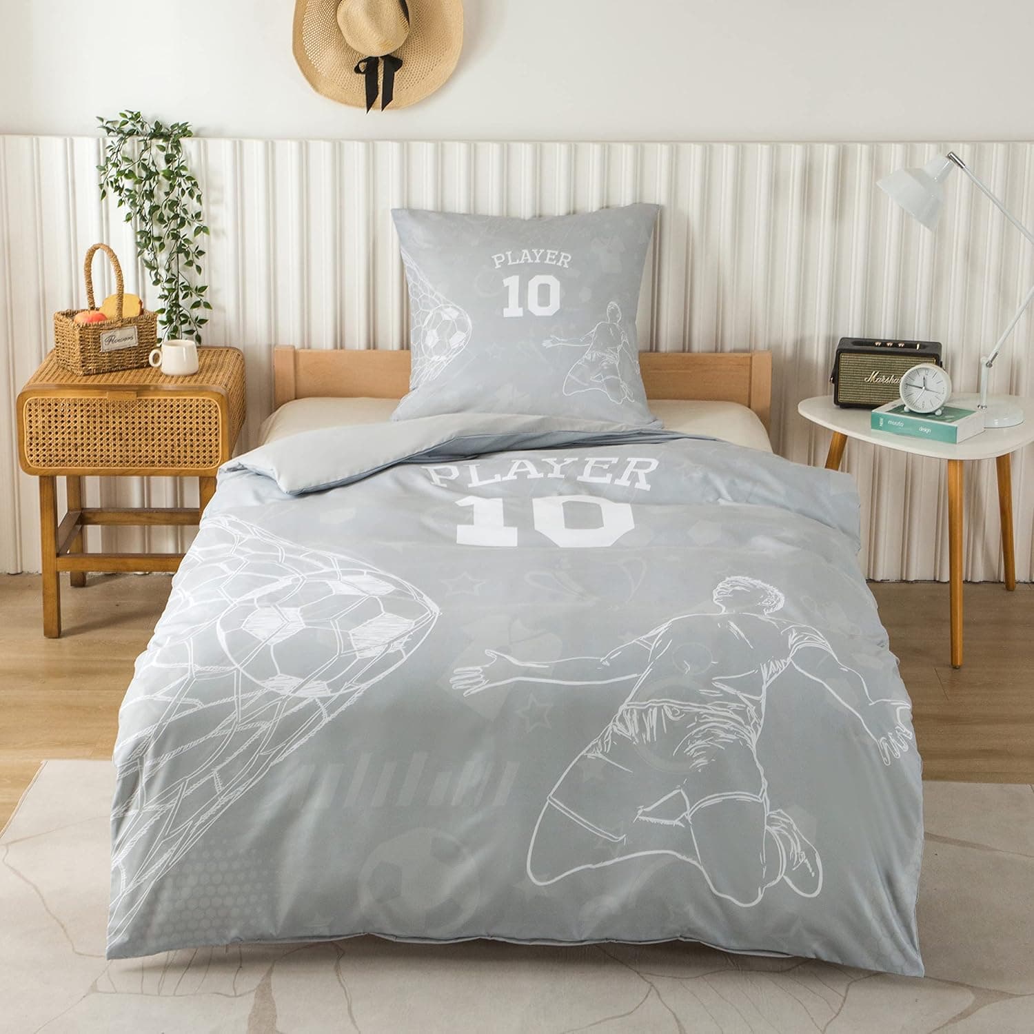 AYSW Cover de Duvet Football Coupe du Monde 140x200cm+1 Taies d'pillow 65x65cm, 3D Parure de Lit 1 Personnes 100 Fils/cm² en Microfiber avec Fermeture Éclair Grey White