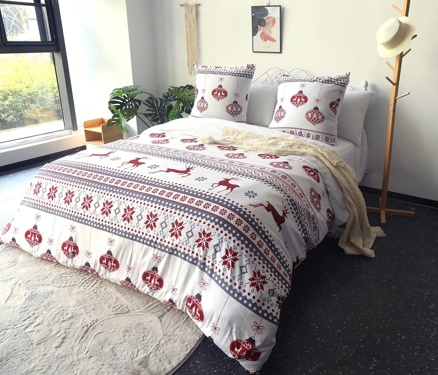 AYSW Nouvel an Cover de Duvet 220x240cm+2 Taies d'oreillers 65x65cm White Crème Red Parure de Lit Adulte 2 Personnes 100 Fils/cm² en Microfiber avec Fermeture Éclair