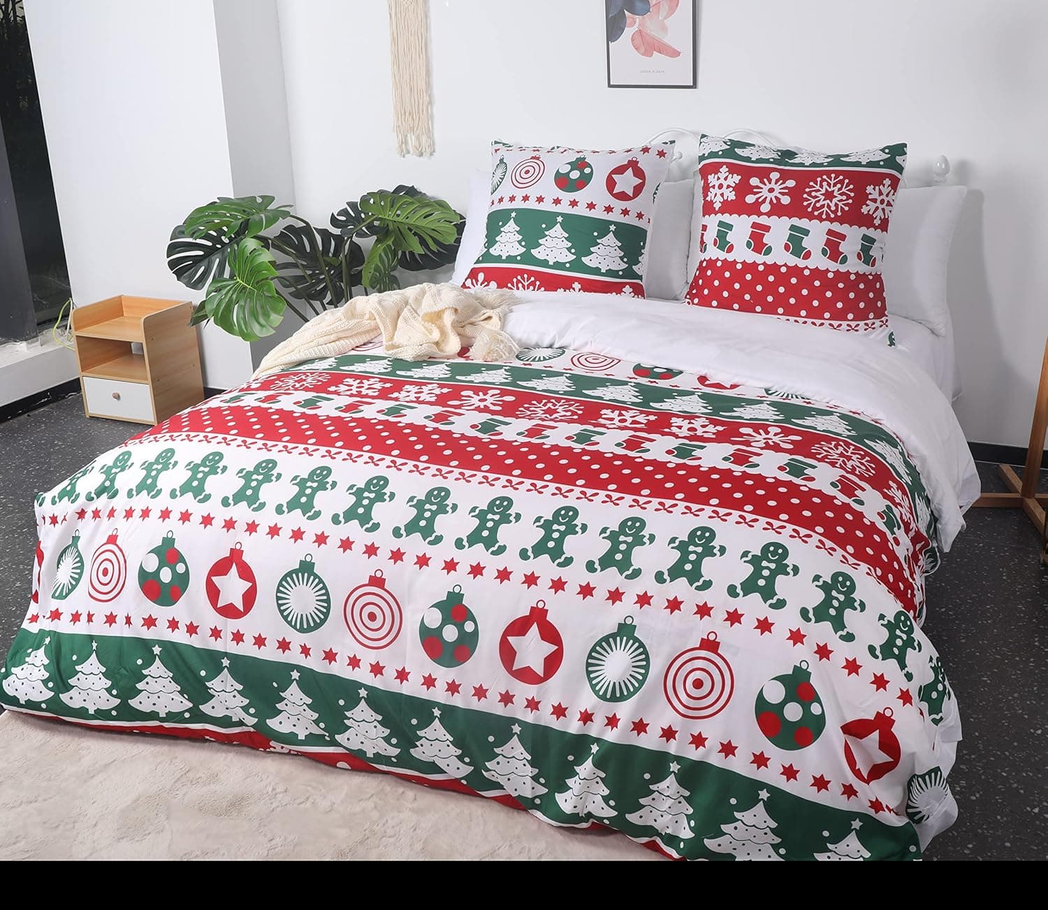 AYSW Noël Cover de Duvet 220x240cm+2 Taies d'oreillers 65x65cm Green White Red Parure de Lit Arbre de Noël Adulte 2 Personnes 100 Fils/cm² en Microfiber avec Fermeture Éclair