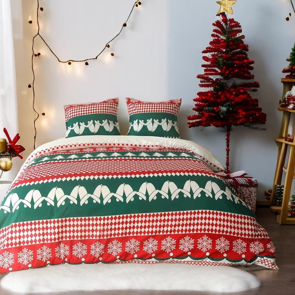 AYSW Cover de Duvet Réversible 220x240 / 65x65x2 cm Arbre de Noël Nouvel an Red Green Parure de Lit Bicolore 2 Personnes Fermeture Éclair Sets de Cover Duvet