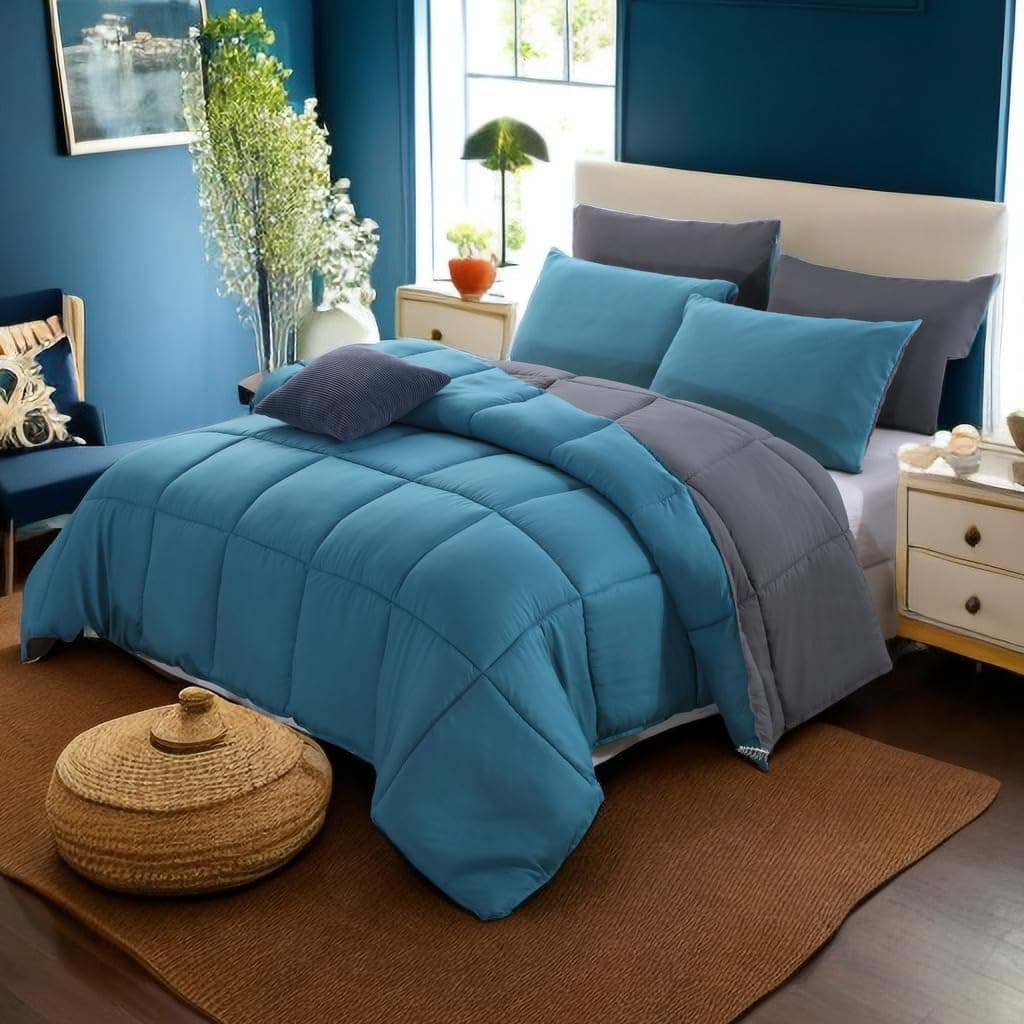 Reversible Quilt Bedding Comforter Only, Down Alternative Comforter for All Season Luxury Cozy Lightweight Soft Coverlet Classic Solid Style for All Season Queen, Teal & Grey