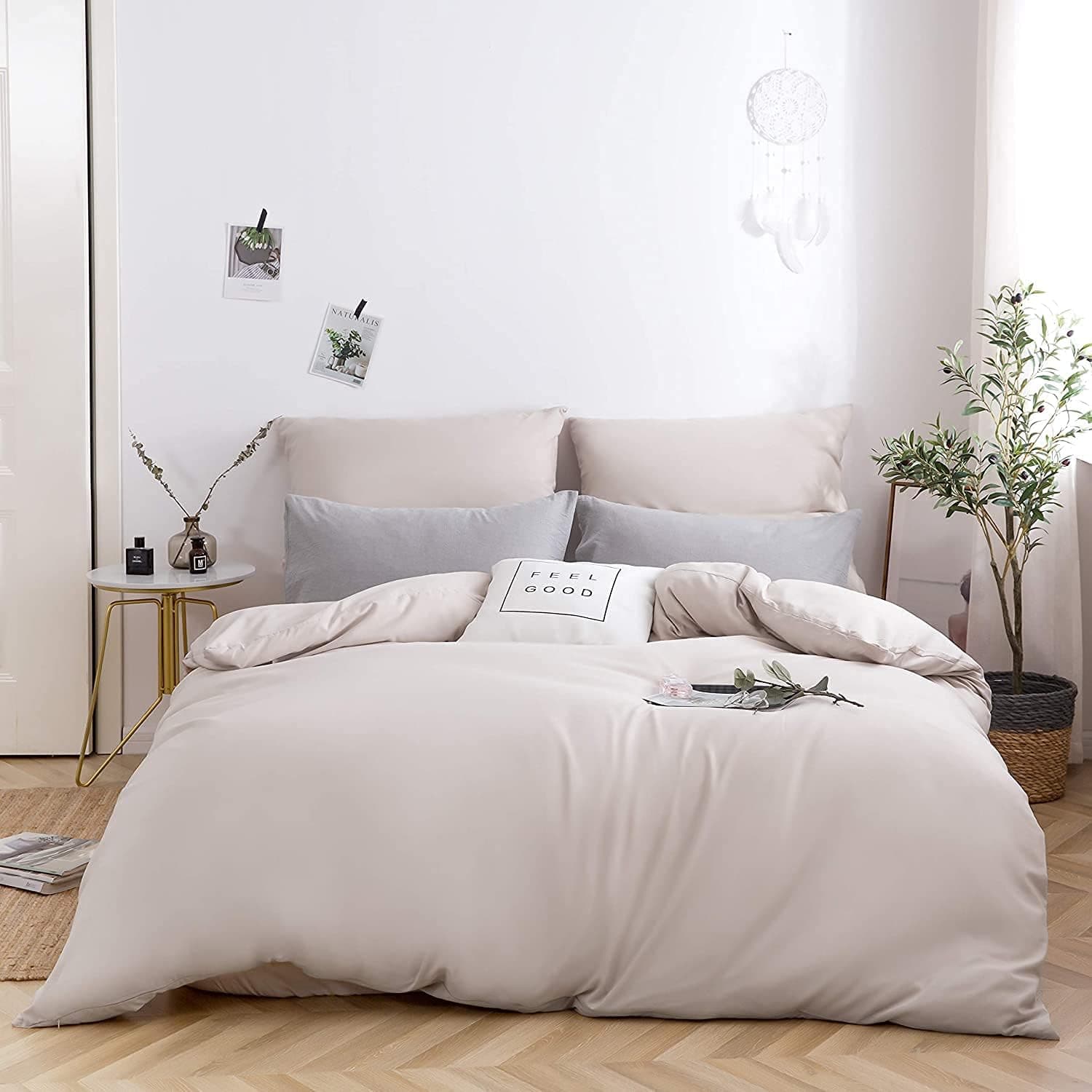 Bettwäsche 4 TLG gebürstet Microfaser 2 Bettbezug 135x200cm + 2 Kopfkissenbezug 80x80cm mit Reißverschluss Beige