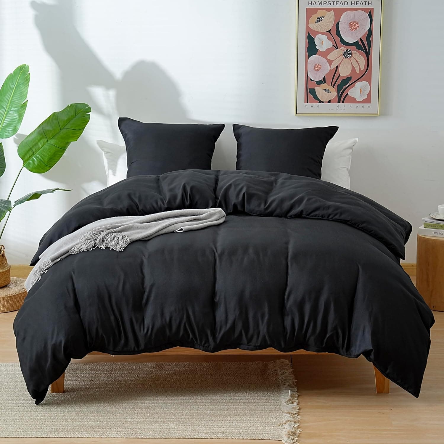 AYSW Parure de Lit 4 Pièces Cover de Duvet 240x260cm + Sheet Cover 180x200cm Bonnet 30cm + 2 Taies d'pillow 65x65cm 2 Personnes Ensemble Cover de Duvet Black Léger 80 Fils/cm² Microfiber