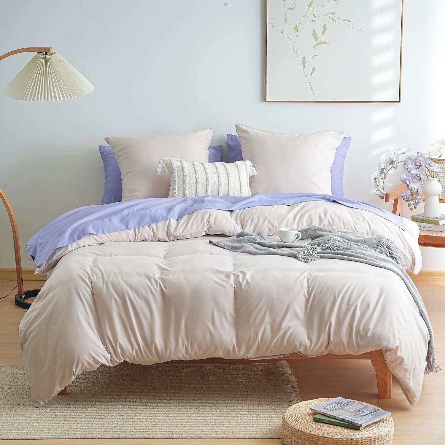 AYSW Parure de Lit 4 Pièces Cover de Duvet 240x260cm + Sheet Cover 180x200cm avec 2 taies d'oreillers 65x65cm Beige pour 2 Personnes Parure 100 Fils/cm² en Microfiber