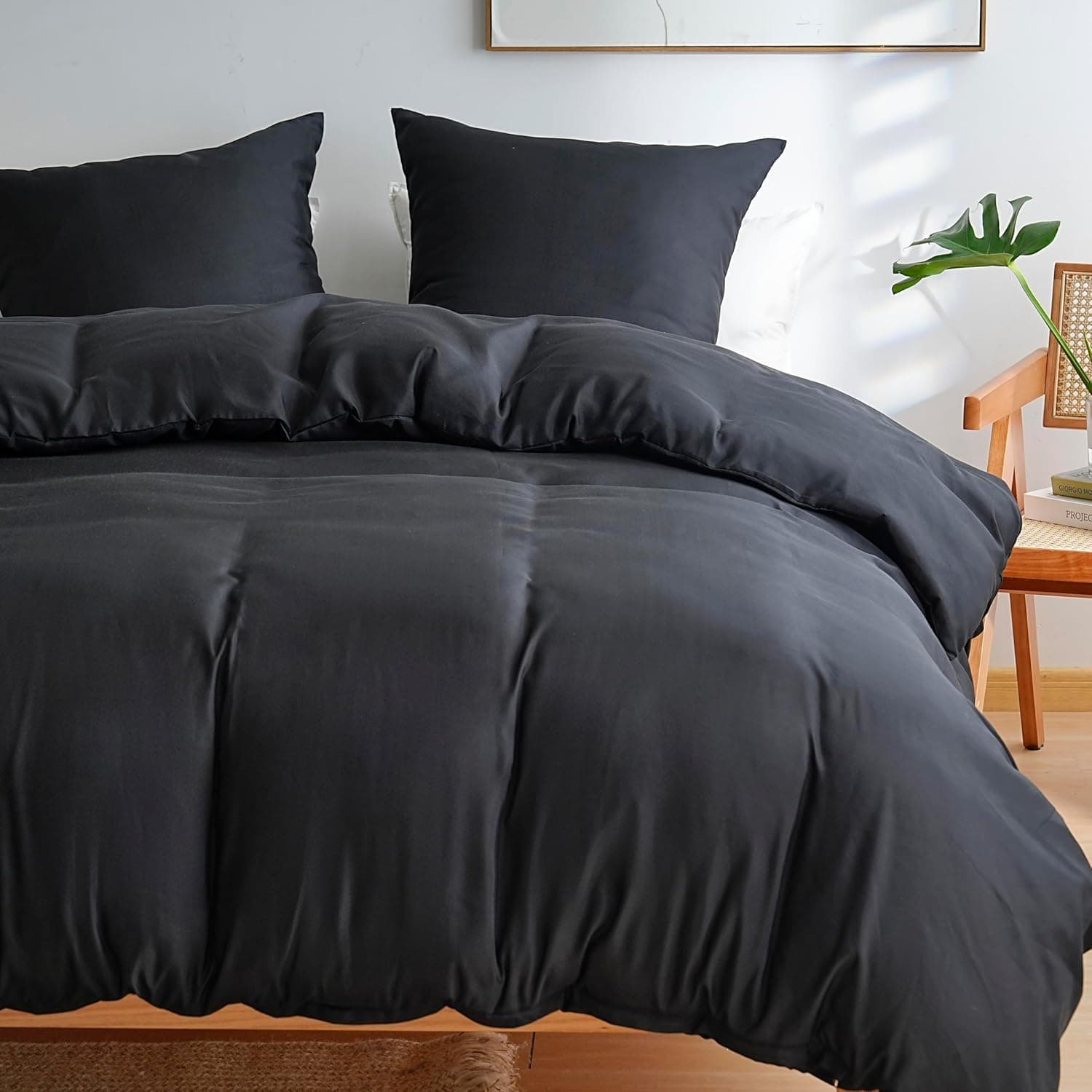 AYSW 4 Pièces Parure de Lit Adulte Cover de Duvet 200x200cm+Sheet Cover 160x200+2 Taies d'oreillers 65x65cm Black Normal 80 Fils/cm² Cover de Duvet 2 Personnes avec Fermeture Éclair