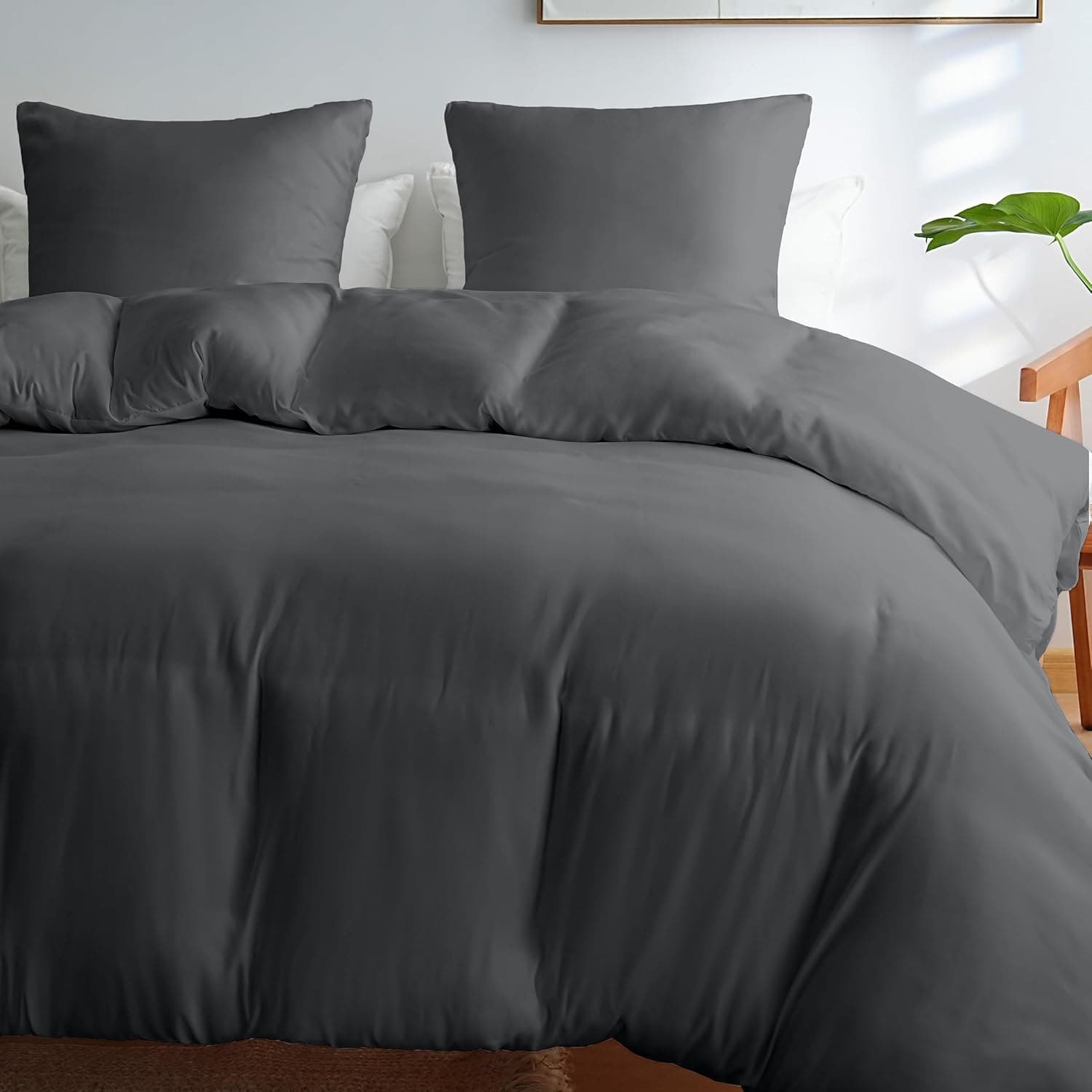 AYSW 4 Pièces Parure de Lit Adulte Cover de Duvet 220x240cm+Sheet Cover 180x200+2 Taies d'oreillers 65x65cm Grey Dark Normal 80 Fils/cm² Cover de Duvet 2 Personnes avec Fermeture Éclair