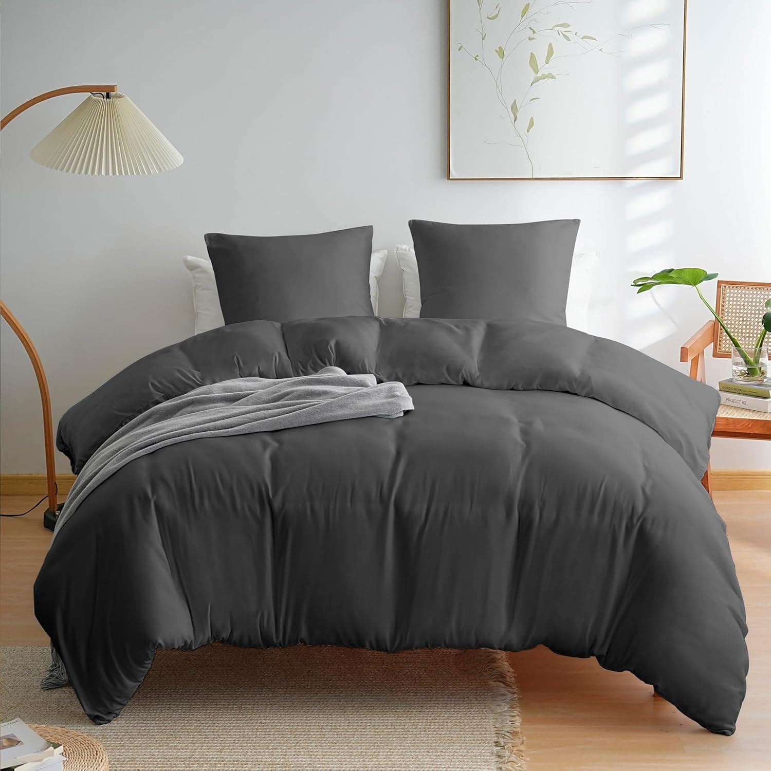 AYSW Cover de Duvet 200x200cm+2 Taies d'oreillers 65x65cm Grey Dark Normal Parure de Lit Adulte 2 Personnes 80 Fils/cm² en Microfiber Parure Cover Duvet