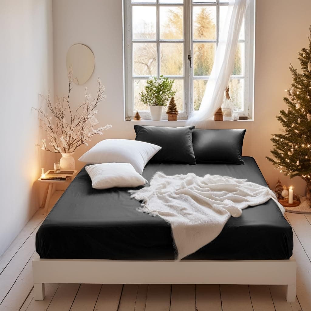 AYSW King Size Fitted Sheet Black with Extra Deep 16 inch 40 cm Pocket Bed Sheet Only Bedsheet Brushed Microfiber Bottom Sheet for King Bed 150x200 Black