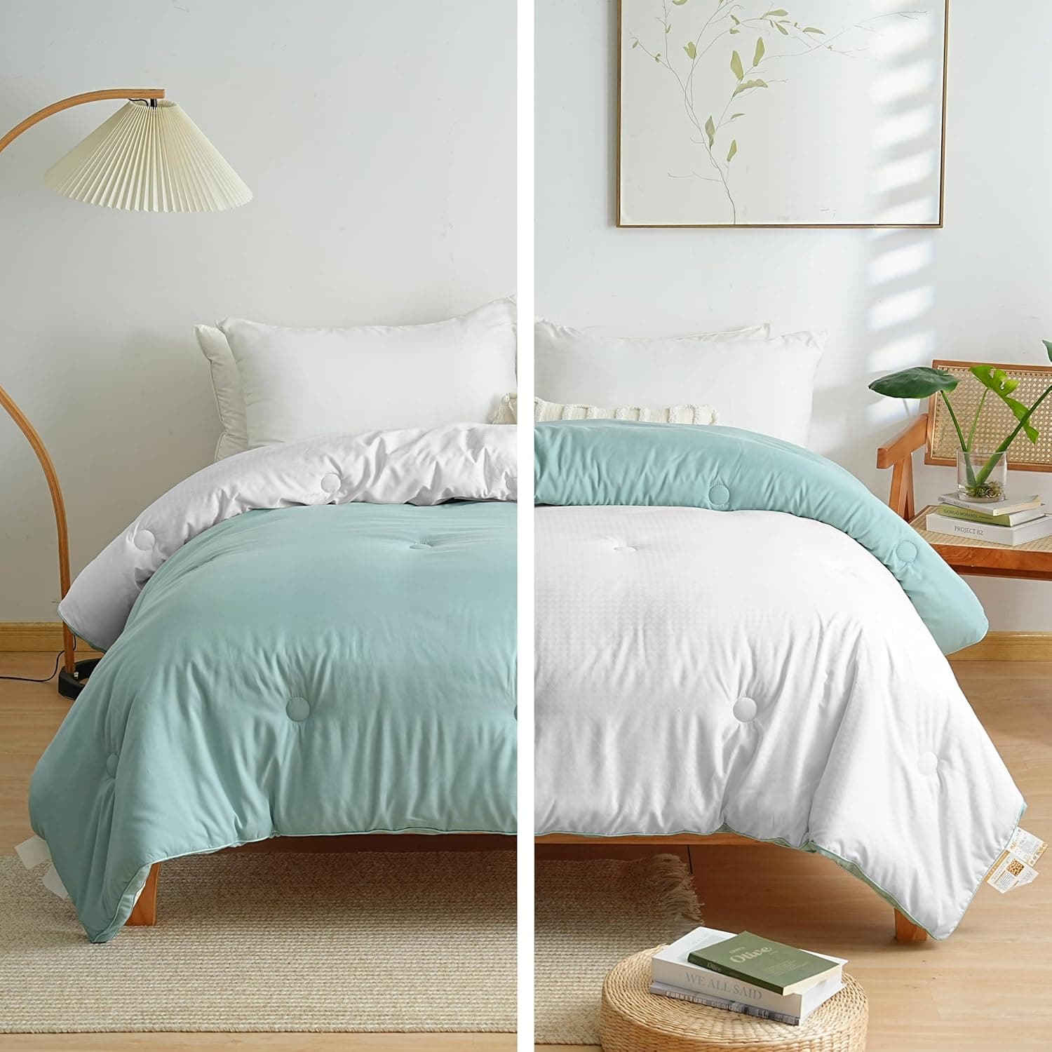 AYSW Duvet Bicolore Chaude l'hiver 450g/m² Épais 200x200cm Green Light Cream Grey Light White Duvet de Lit Réversible Edredon