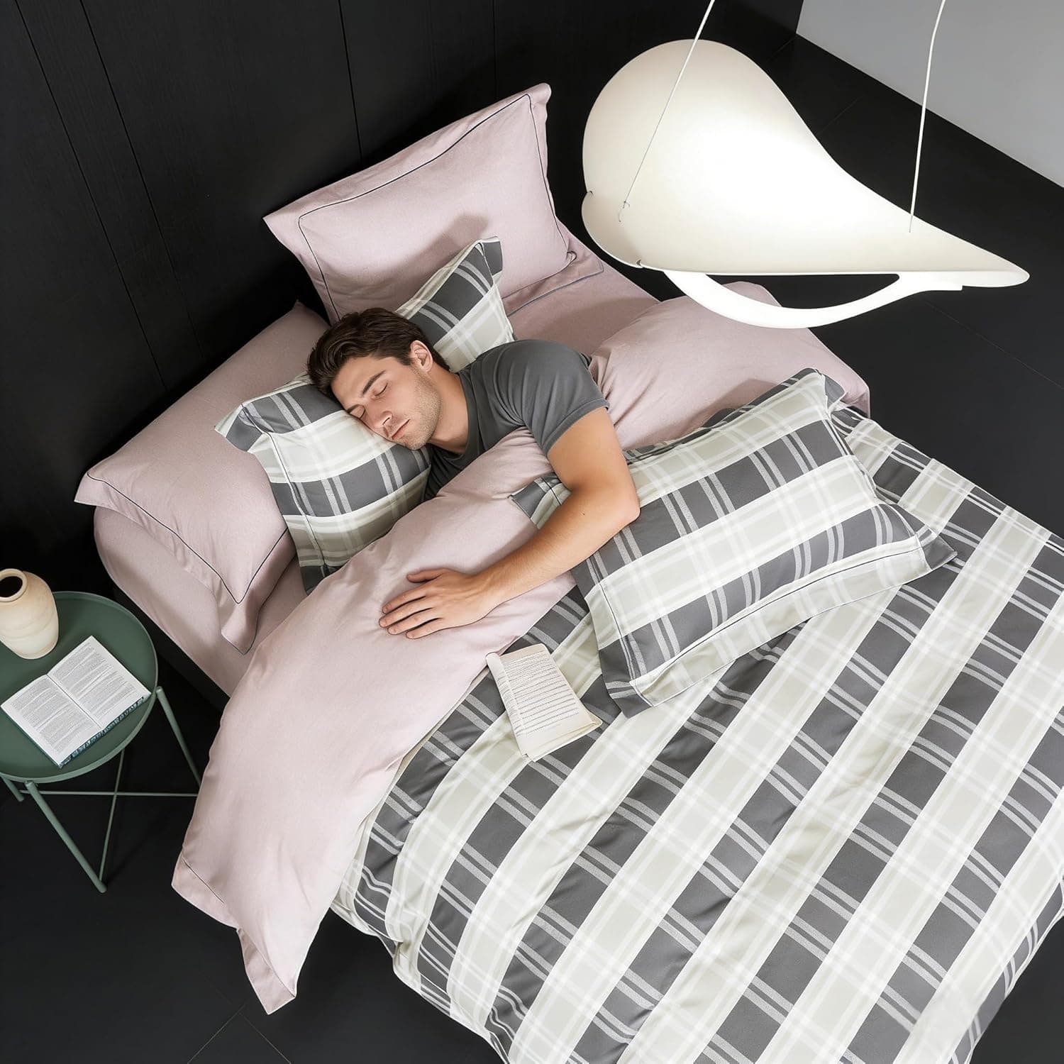 Générique Cover de Duvet en Microfiber, Parure de Lit avec 2 Taies d'pillow 65x65cm, Motif à Carreaux Grey et White, Pink Pâle, 220x240 cm, Lavable en Machine, Confortable