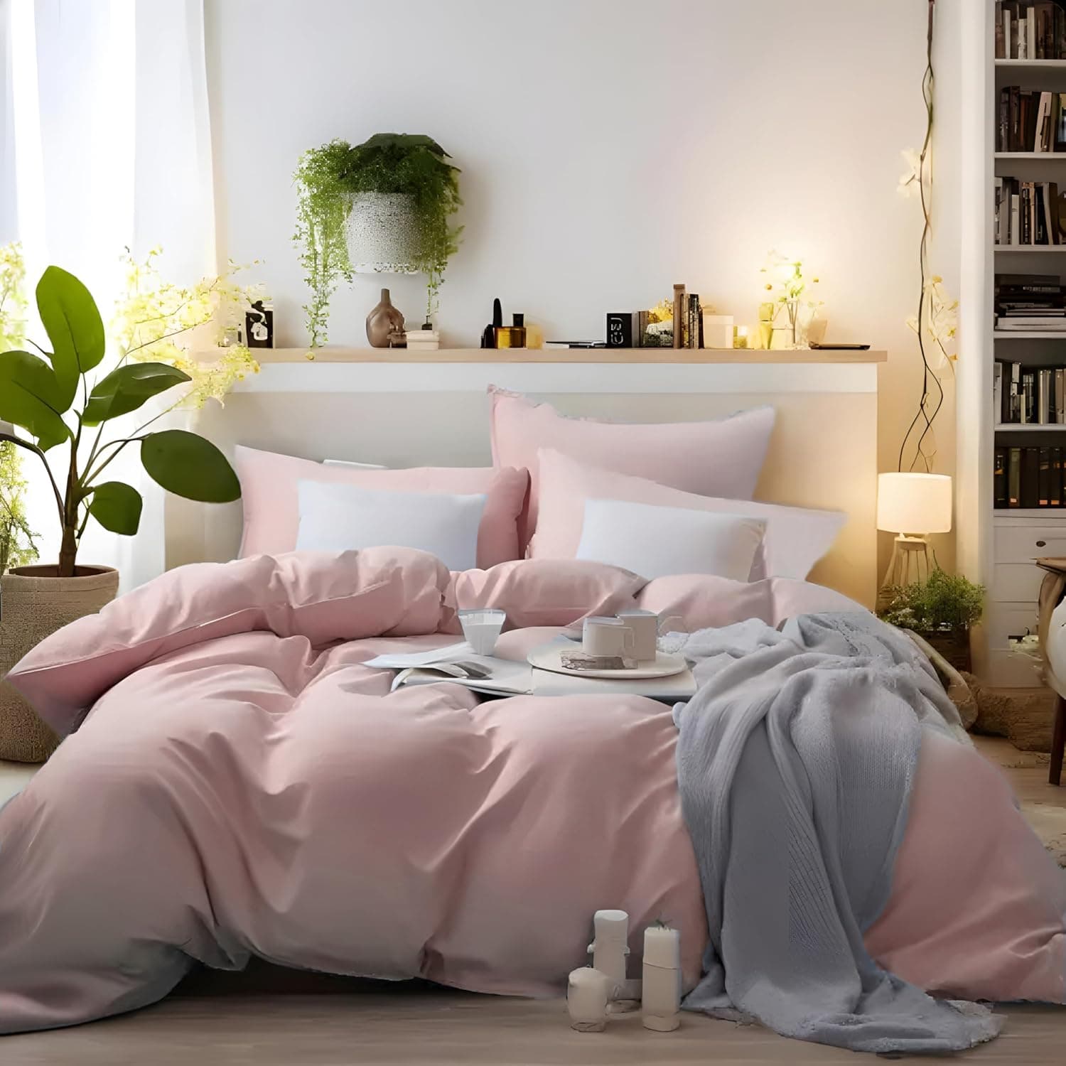 AYSW Bedding Double Duvet Cover Set 3 PCS Plain Brushed Microfiber Bedding 1 Duvet Cover with 2 Zippers and 2 Pillowcases Pink