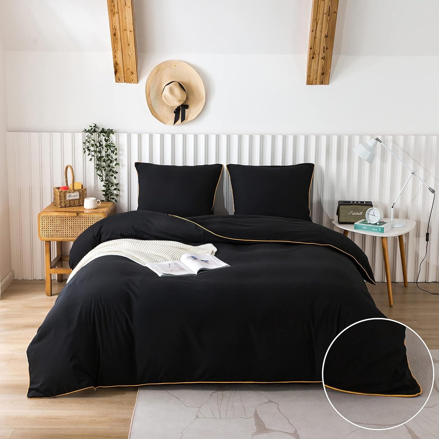 AYSW Cover de Duvet 220x240cm + Taies d'oreillers 65x65x2 cm Black 120 Fils/cm² Parure de Lit avec Fermeture Eclaire pour 2 Personnes