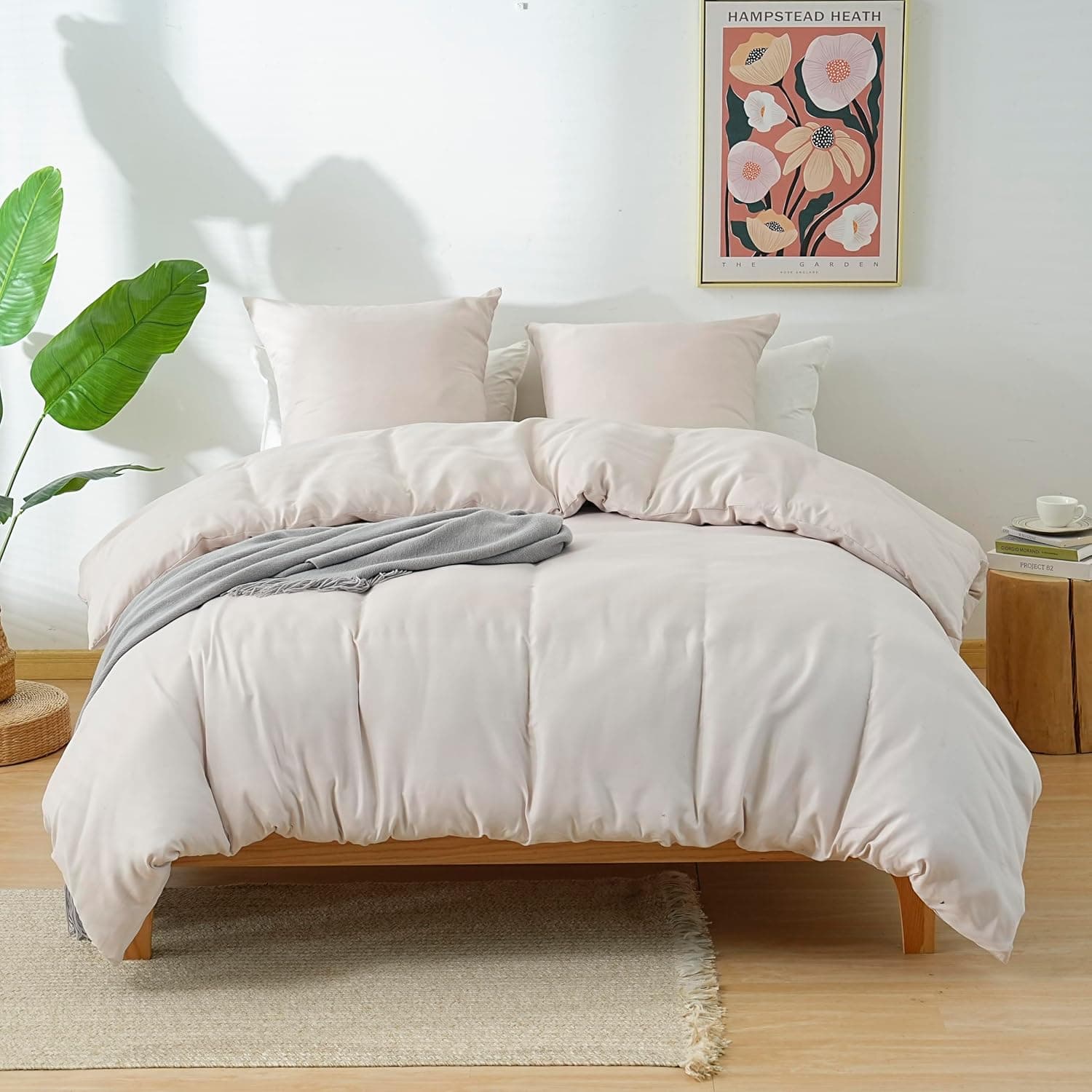 AYSW Parure de Lit 4 Pièces Cover de Duvet 200x200cm + Sheet Cover 160x200cm Bonnet 30cm + 2 Taies d'pillow 65x65cm 2 Personnes Ensemble Cover de Duvet Beige Léger 80 Fils/cm² Microfiber
