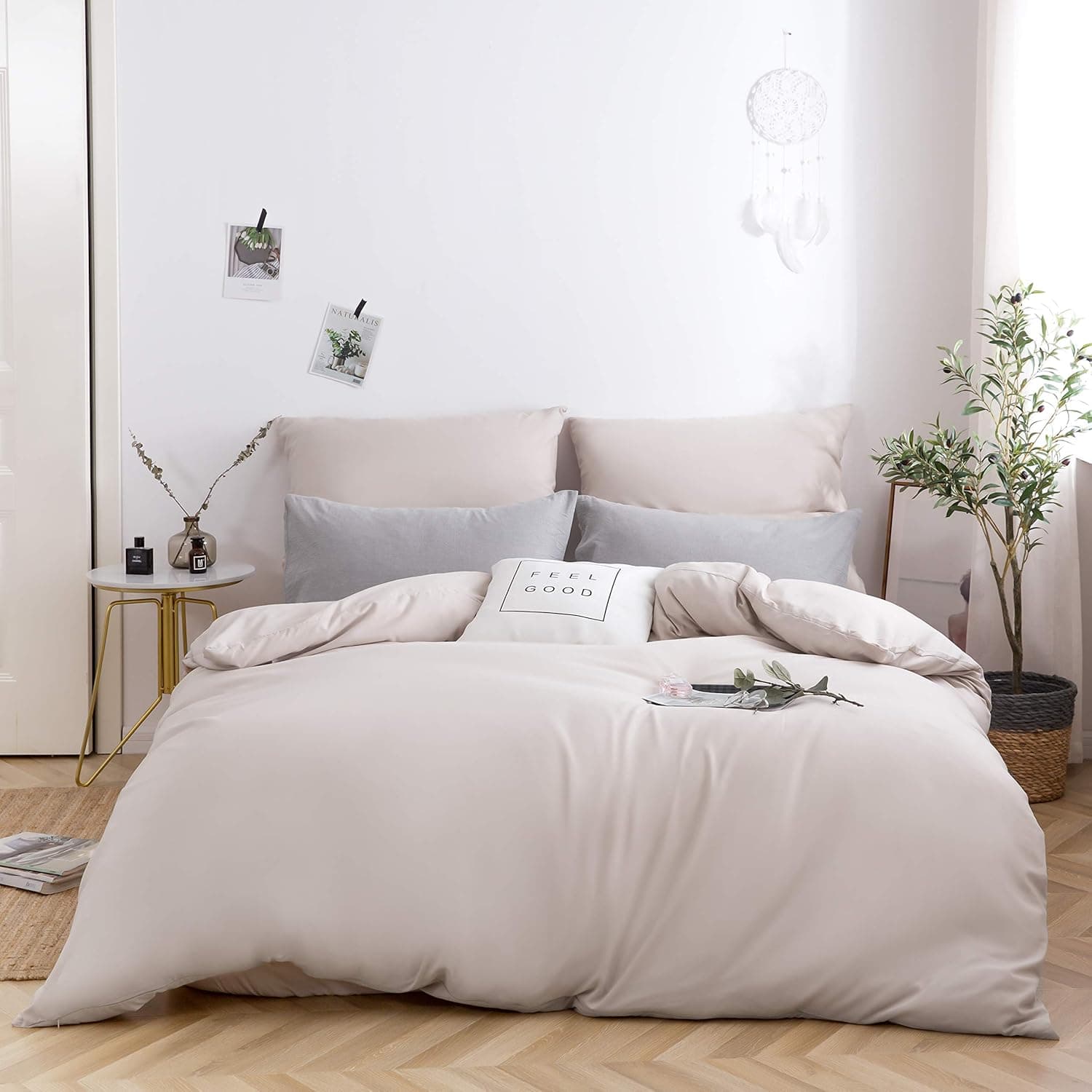 Bettwäsche gebürstet Microfaser 1 Bettbezug 200x220cm + 2 Kopfkissenbezug 80x80cm mit Reißverschluss Beige