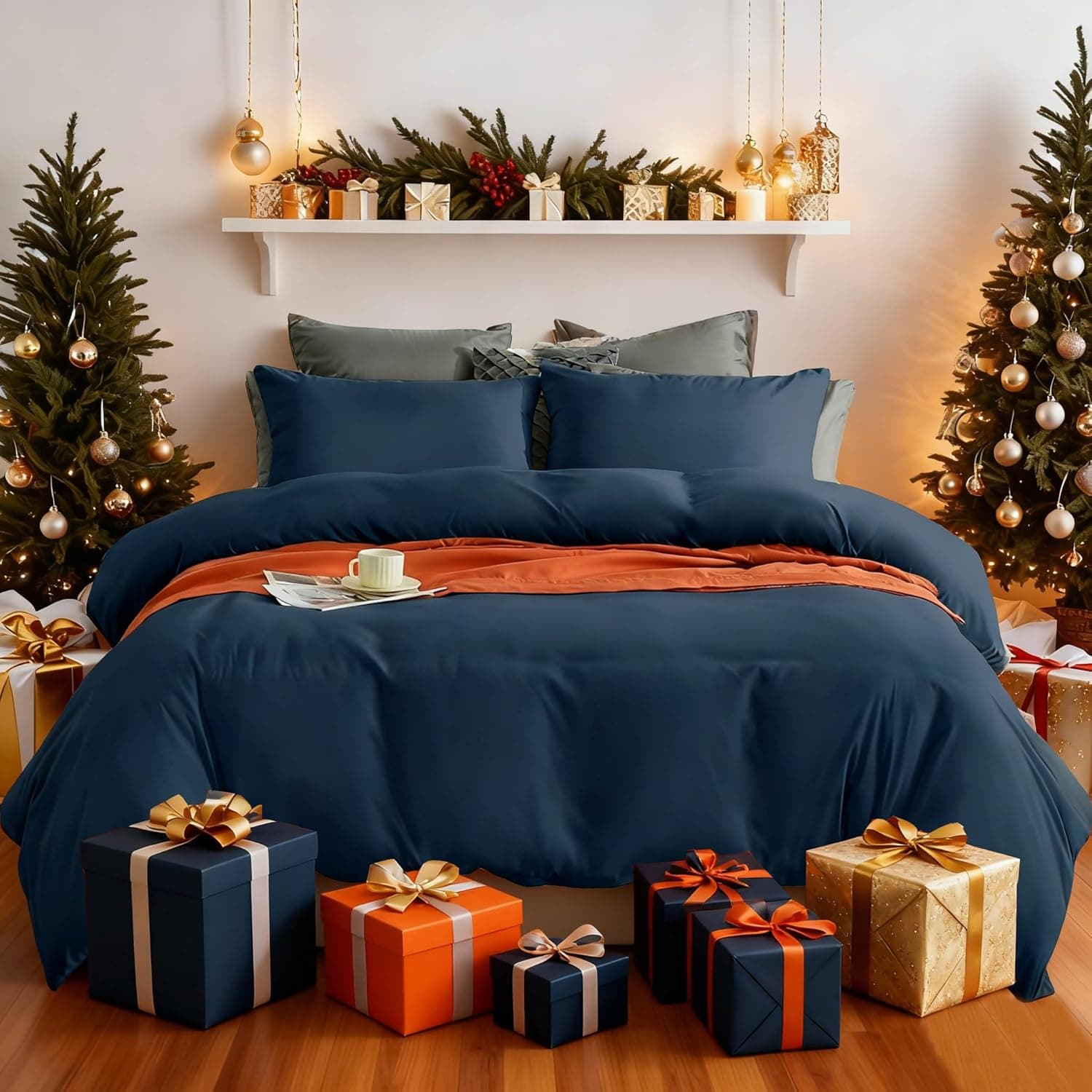 Bedding Set and Fitted Sheet Double Size 110GSM 4 Pieces Brushed Microfiber with 1 Duvet Cover with 2 zippers 2 Pillowcases and 1 Fitted Sheet Navy
