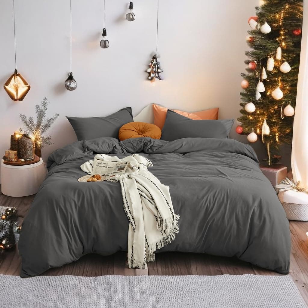 AYSW Cover de Duvet 200x200cm+2 Taies d'oreillers 65x65cm Grey Parure de Lit Adulte 2 Personnes 100 Fils/cm² en Microfiber avec Fermeture Éclair