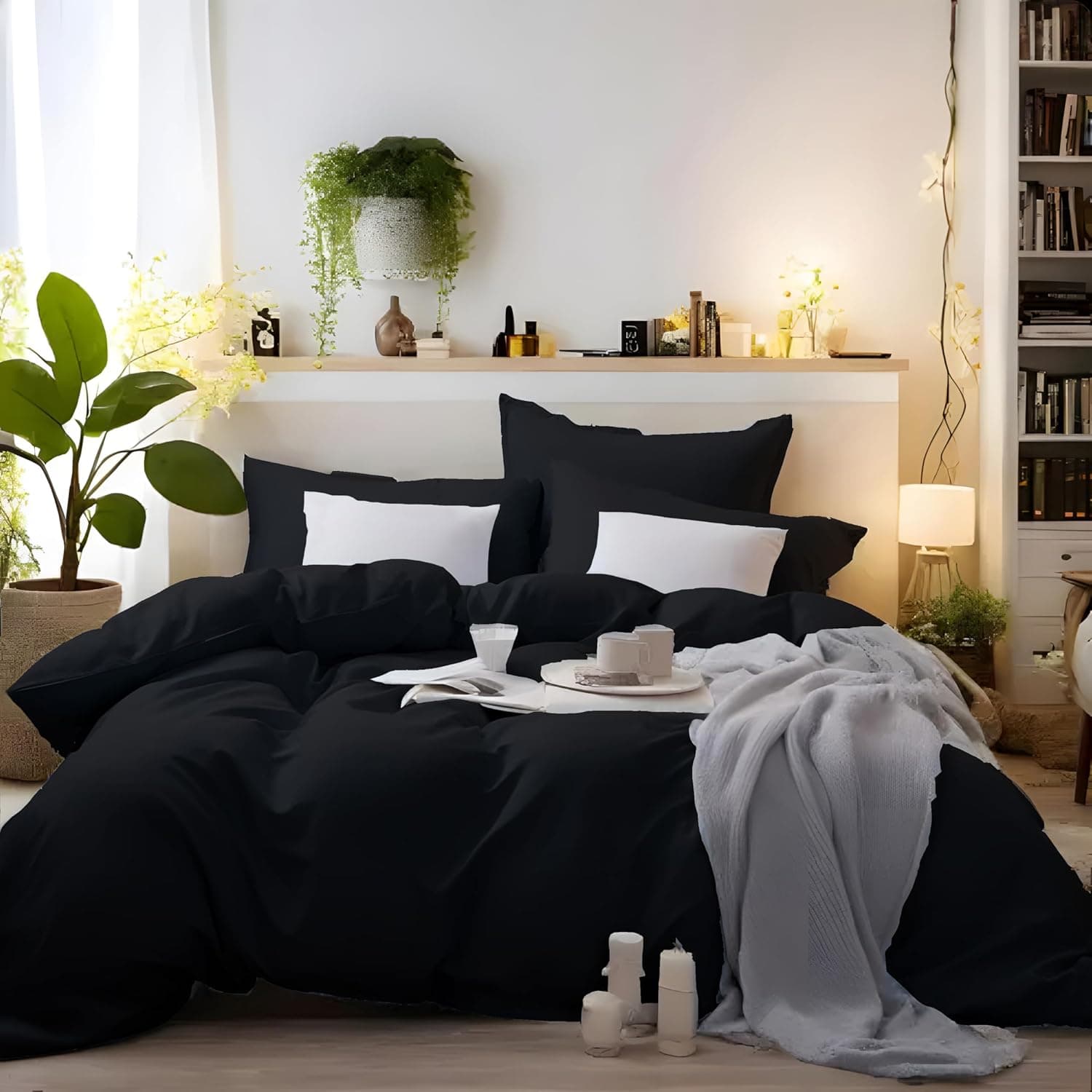 AYSW Bedding Double Duvet Cover Set 3 PCS Plain Brushed Microfiber Bedding 1 Duvet Cover with 2 Zippers and 2 Pillowcases Black