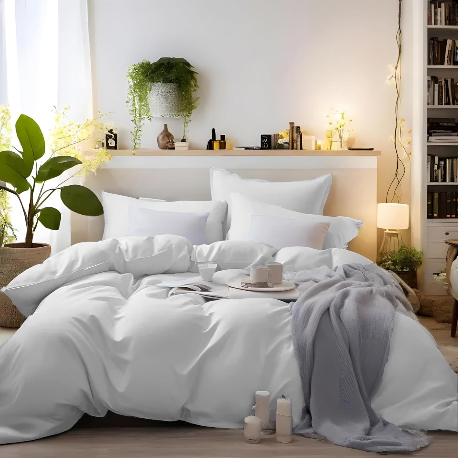AYSW Bedding Double Duvet Cover Set Bedding 1 Duvet Cover with 2 Zippers and 2 Pillowcases Plain Brushed Microfiber White