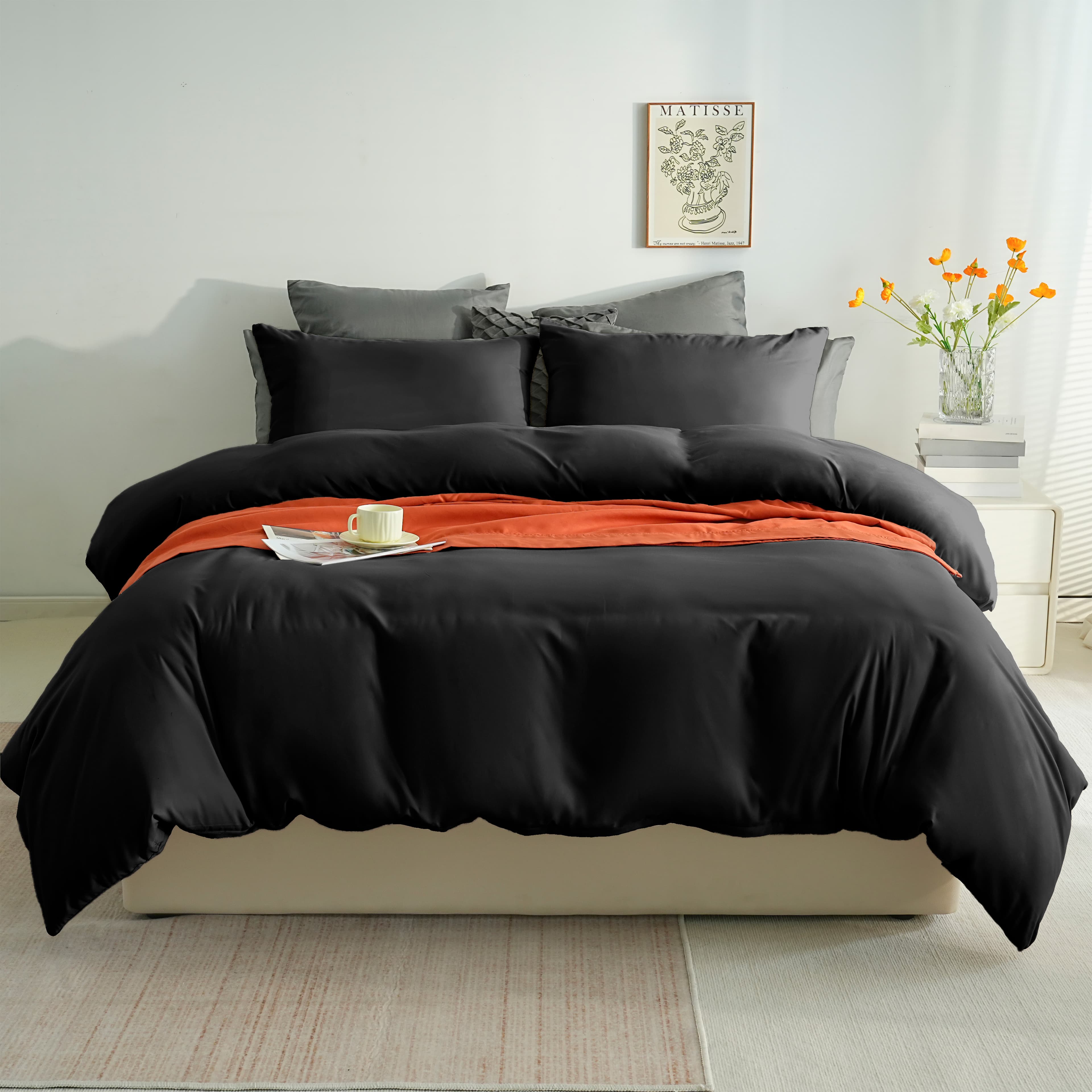 AYSW 4 Pièces Parure de Lit 200x200/220x240/240x260cm Double Fermeture Éclair Black Sheet Cover 140x200/160x200/180x200cm + 2 Taies d'pillow 65x65cm Sets de Cover de Duvet Adulte 2 Personnes en Microfiber Brossé