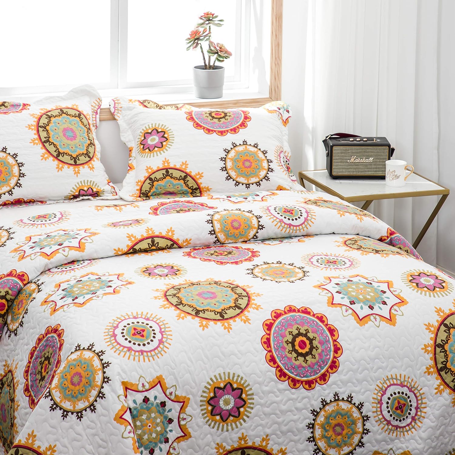 AYSW Quilt Set 3 Pieces Queen Size Bohemian Style for All Season Use Coverlet Set Retro Sunflower Pattern 9
