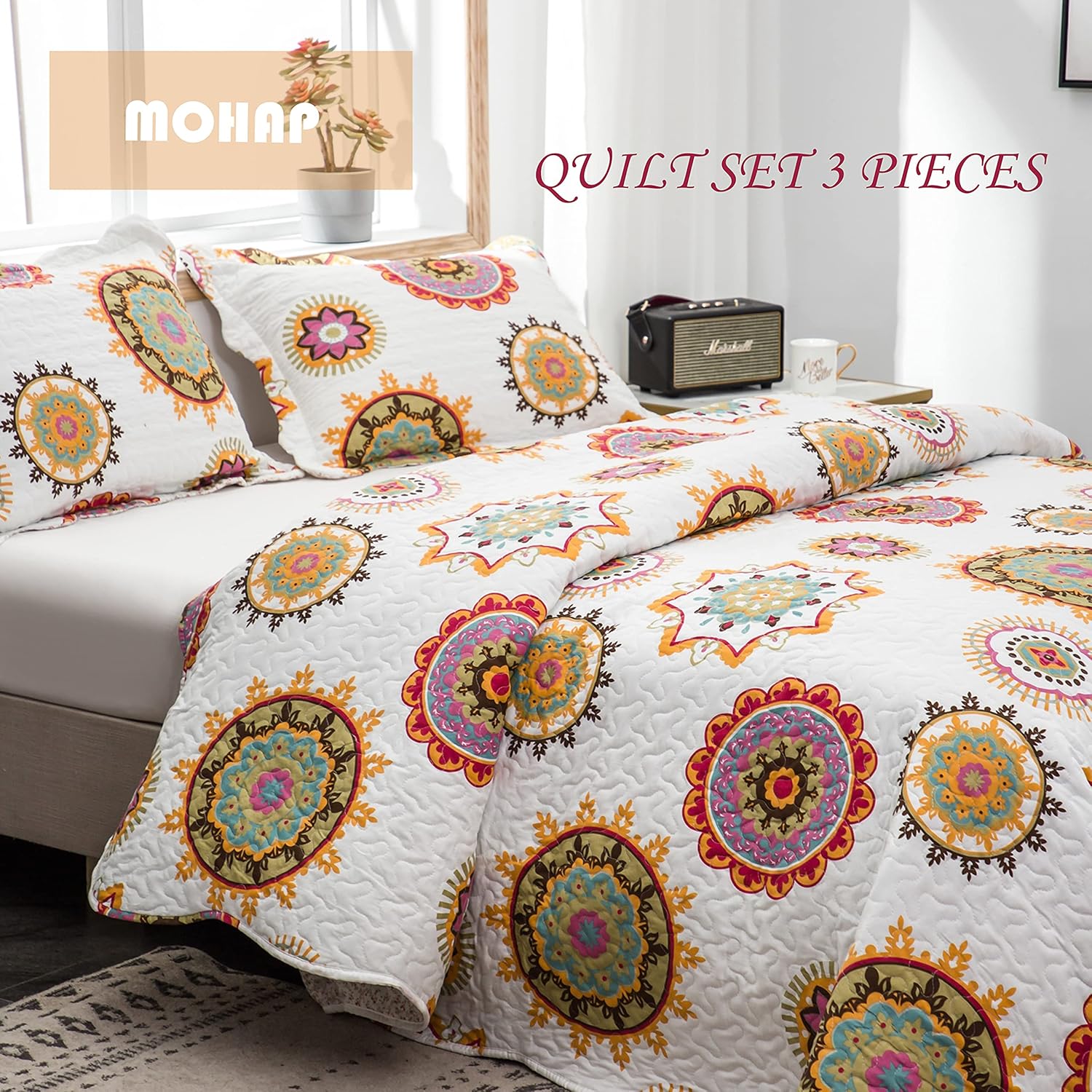 AYSW Quilt Set 3 Pieces Queen Size Bohemian Style for All Season Use Coverlet Set Retro Sunflower Pattern 3