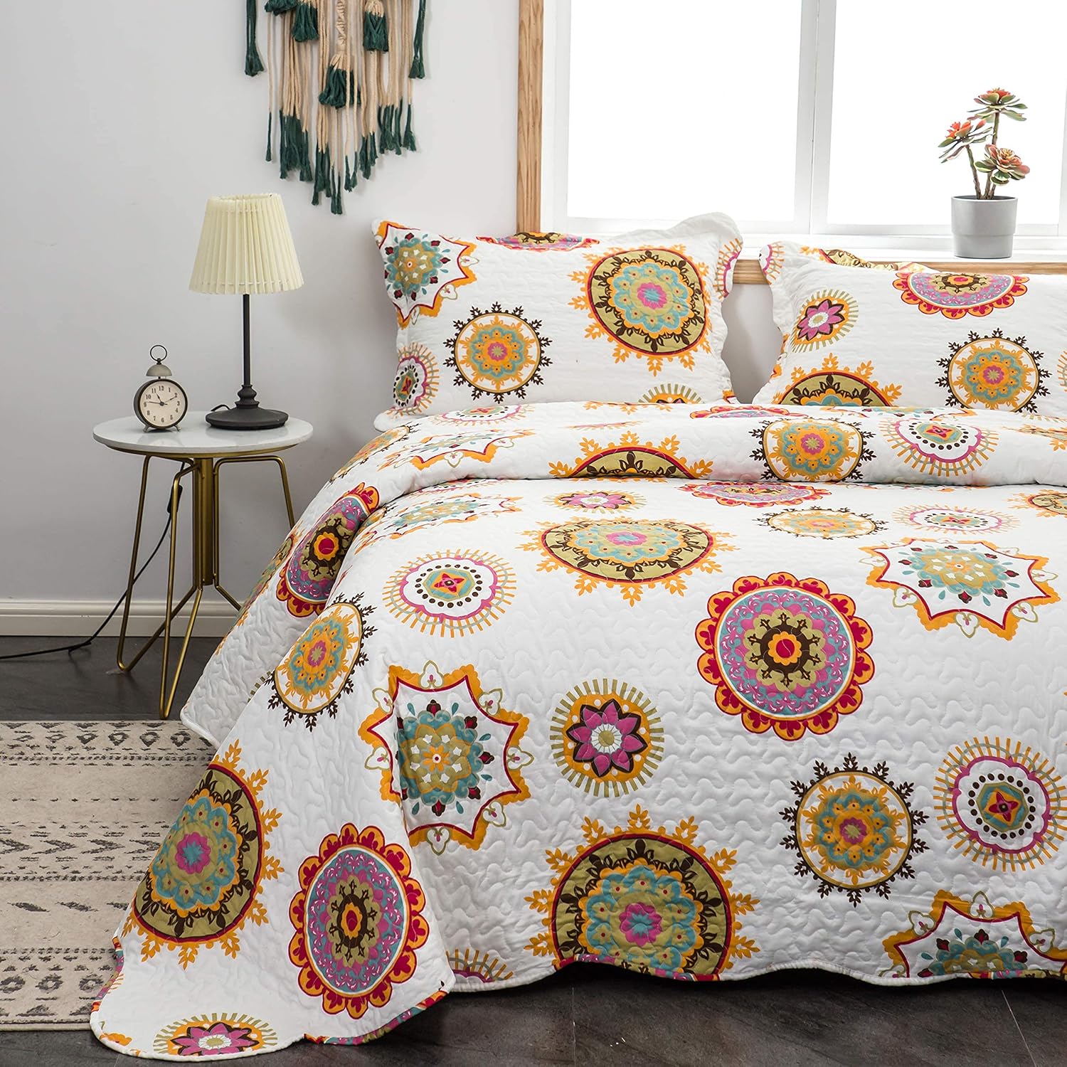AYSW Quilt Set 3 Pieces Queen Size Bohemian Style for All Season Use Coverlet Set Retro Sunflower Pattern 4