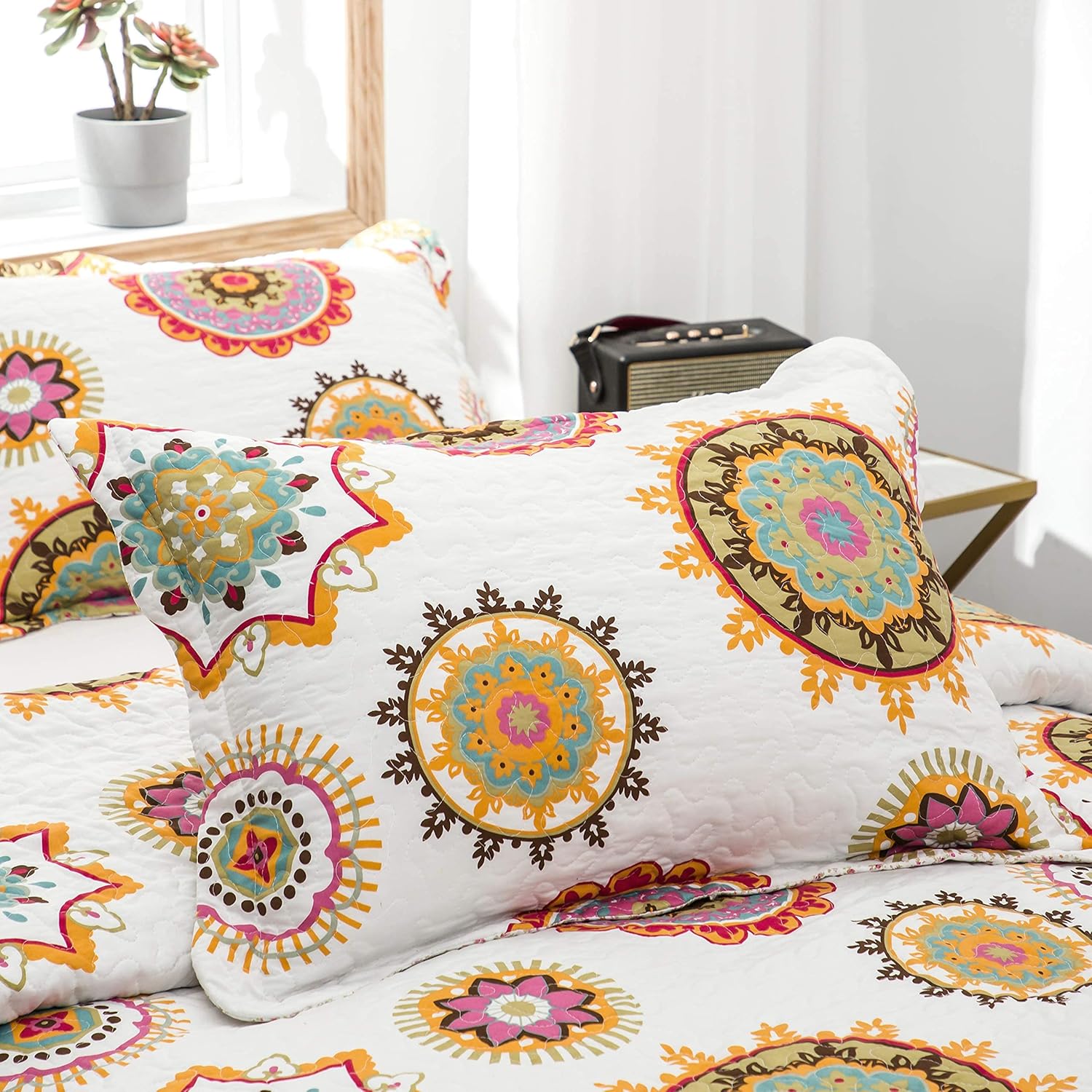 AYSW Quilt Set 3 Pieces Queen Size Bohemian Style for All Season Use Coverlet Set Retro Sunflower Pattern 6