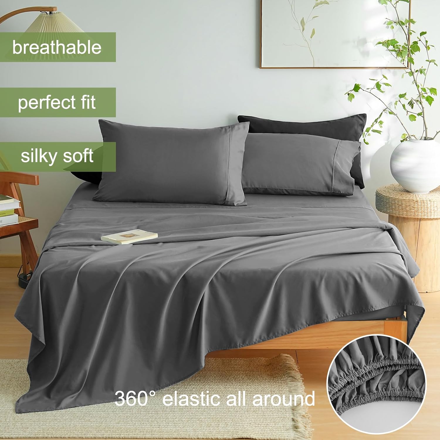 AYSW Bed Sheet Set 4 Pieces Double Brushed Microfiber 1800 - Breathable All Season Luxury Soft Bedding - Queen Gray 2