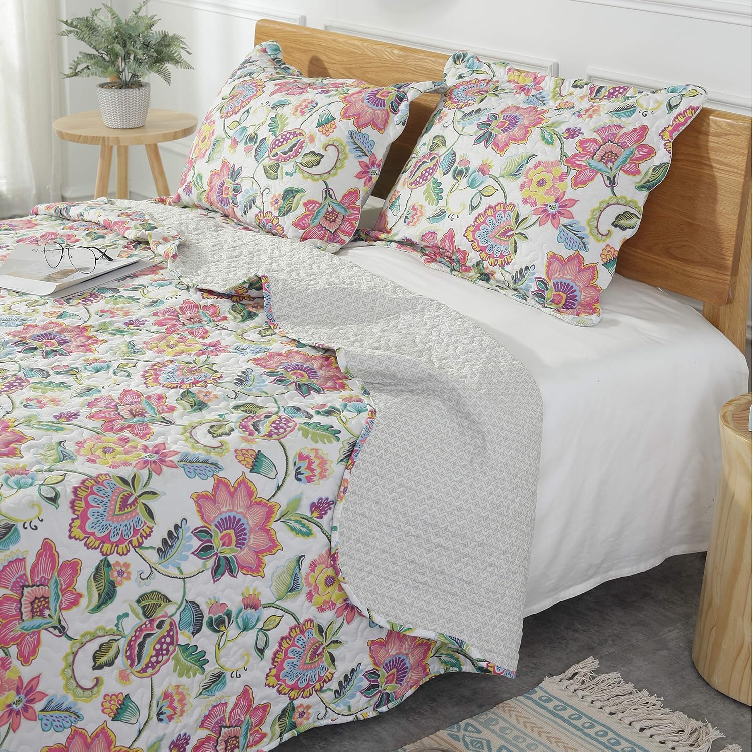 AYSW Quilt Set 3 Piece Bedspread Coverlet Queen Size Durable and Breathable for All Season Vintage Style Floral Pattern 3