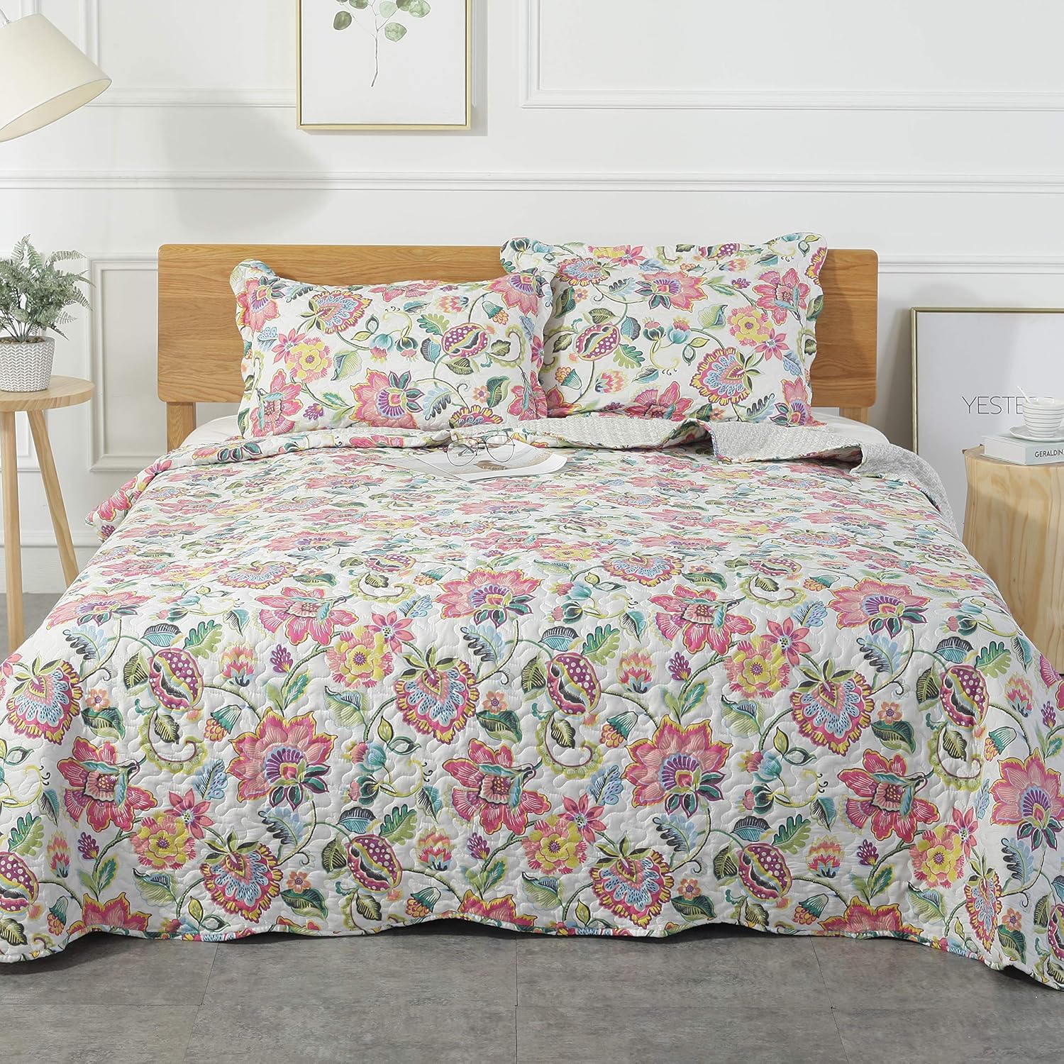 AYSW Quilt Set 3 Piece Bedspread Coverlet Queen Size Durable and Breathable for All Season Vintage Style Floral Pattern 2