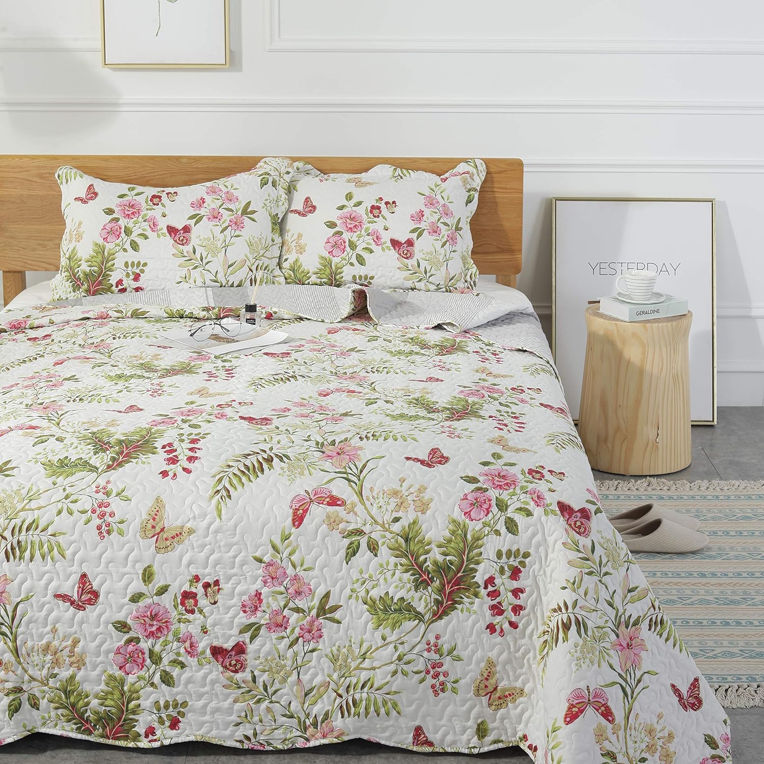 AYSW All Season Bedspread 3 PCS Revisible Printed Floral Lightweight Quilt Set Embroidered Bedspread Coverlets Bed Throw with 2 Shams Hypoallergenic Vintage Style (230x250)CM (Double/King Pattern #4) 2