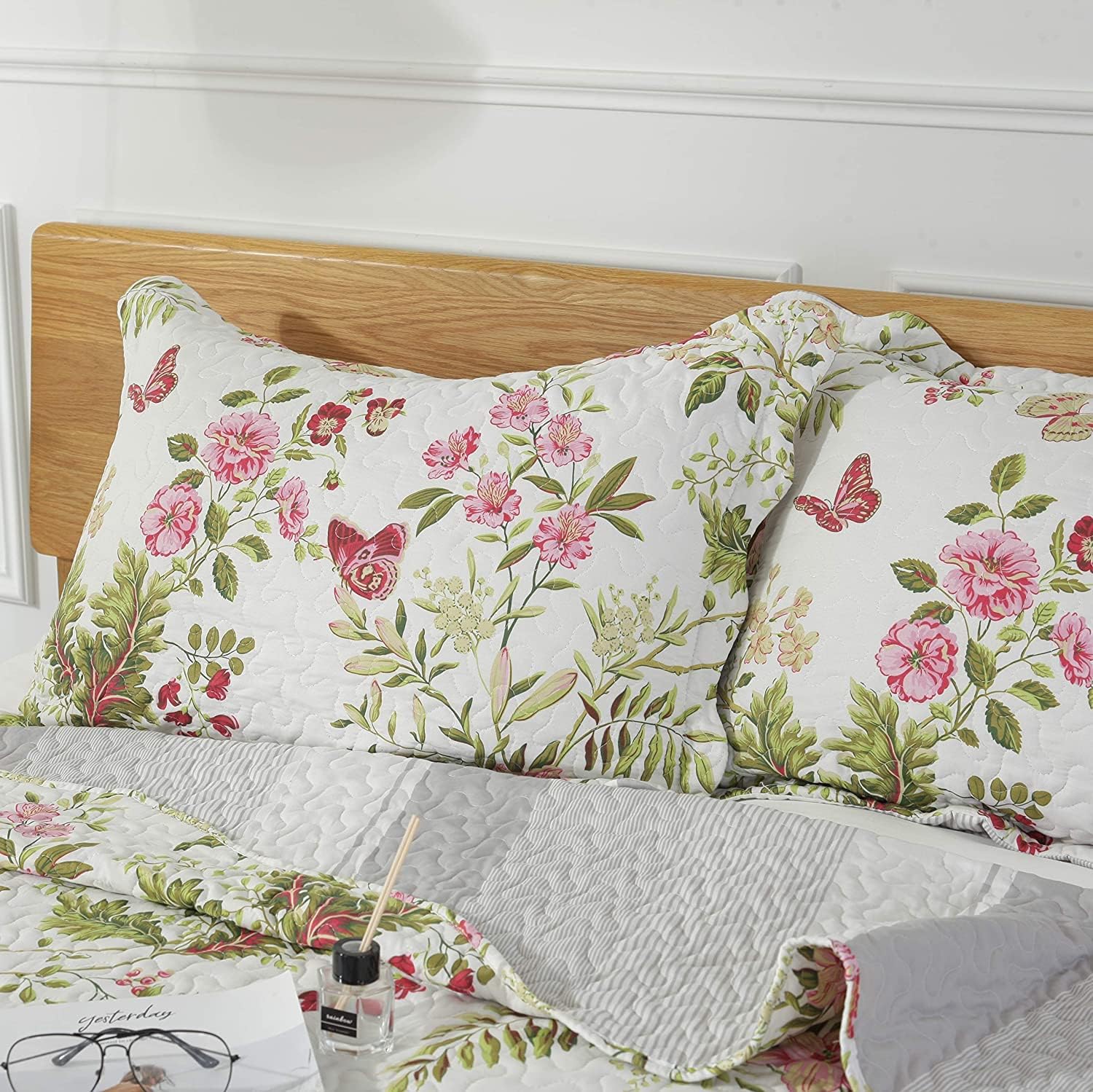 AYSW All Season Bedspread 3 PCS Revisible Printed Floral Lightweight Quilt Set Embroidered 230X250cm Bedspread Coverlets Bed Throw with 2 Shams Hypoallergenic Vintage Style (Double/King Pattern #2) 3