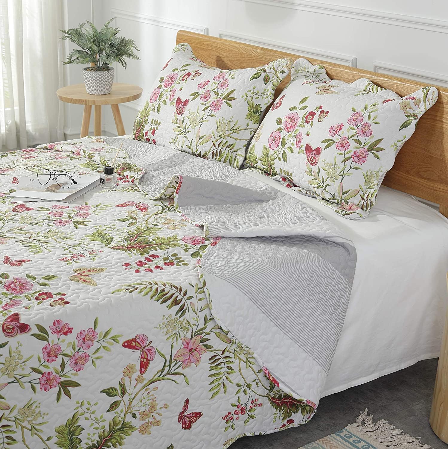 AYSW All Season Bedspread 3 PCS Revisible Printed Floral Lightweight Quilt Set Embroidered 230X250cm Bedspread Coverlets Bed Throw with 2 Shams Hypoallergenic Vintage Style (Double/King Pattern #2) 6