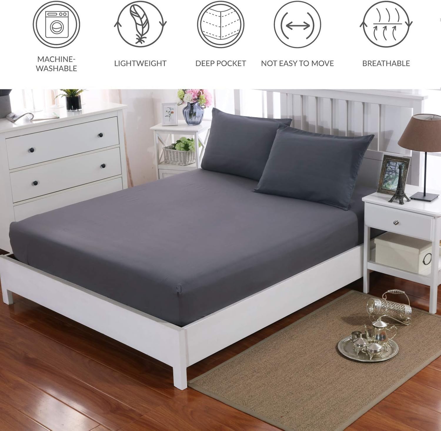AYSW Warm Fitted Sheet Set Double Size 30 cm Deep Pocket with 1 Bedsheet and 2 Pillowcases Polyester Grey 8