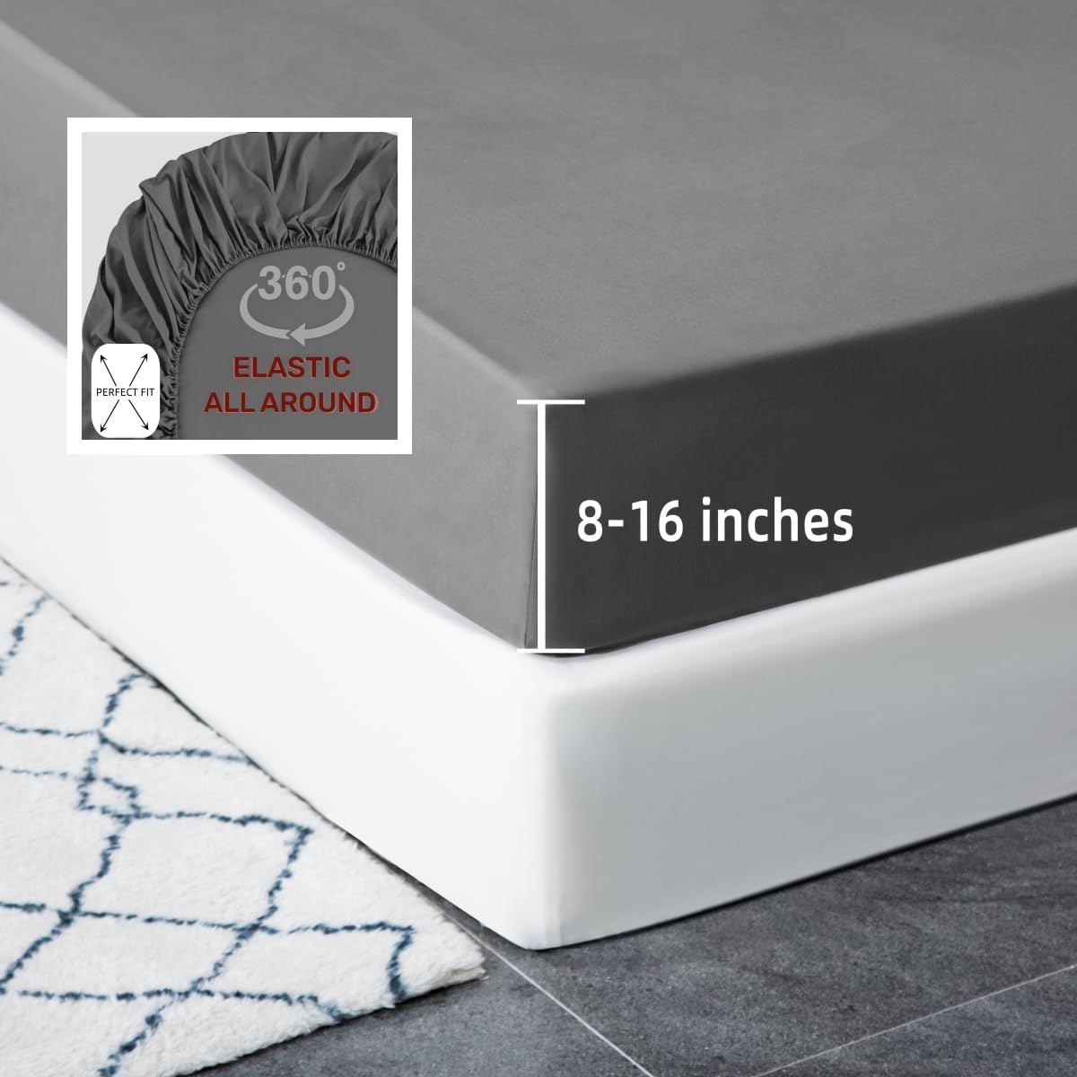 AYSW Fitted Sheet Queen Wide Band Deep Pocket Tight Fit No Pilling Double Brushed Microfiber 1800 Durable and Breathable Sheet Suitable for Mattress up to 16'' Gray 2