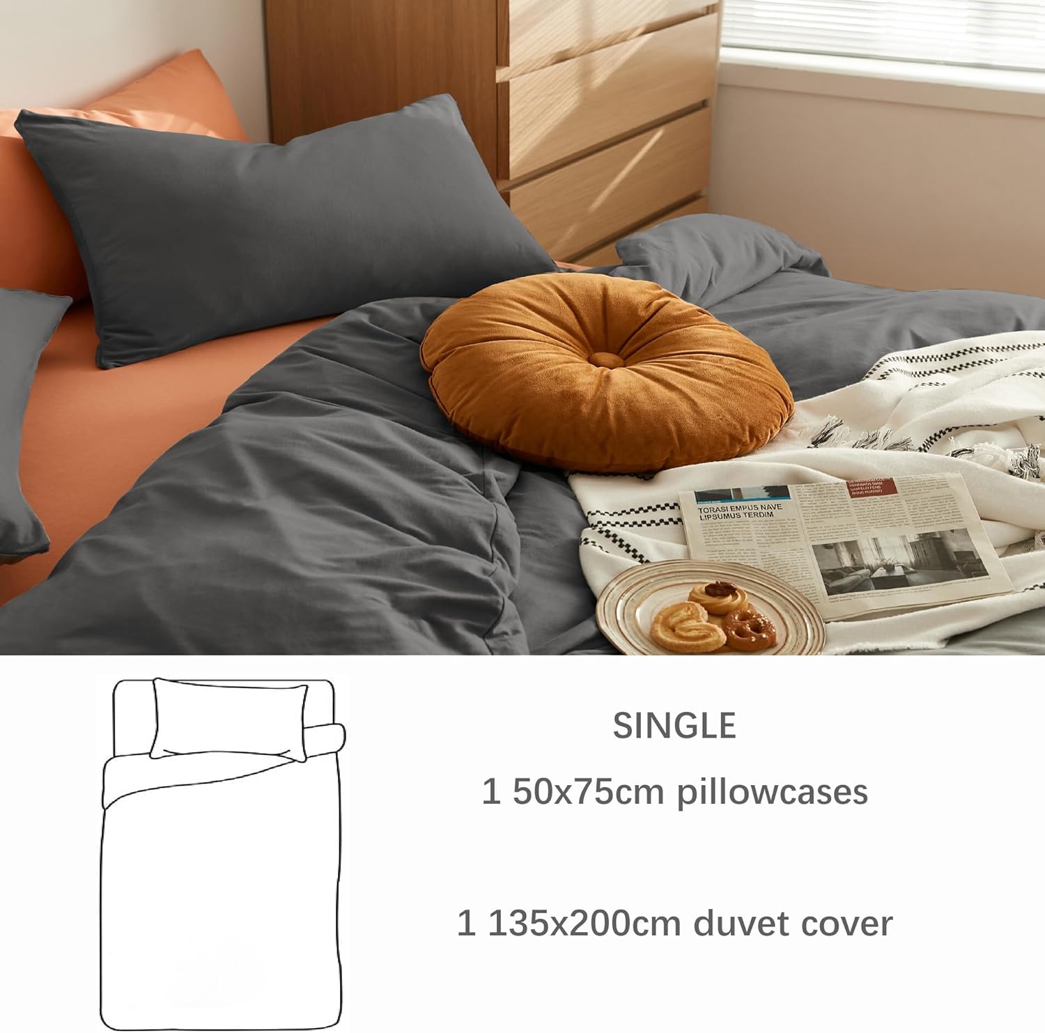 AYSW Bedding Single Duvet Cover Set 2 PCS Plain Brushed Microfiber Bedding 1 Duvet Cover with 2 Zippers and 1 Pillowcases Grey 6
