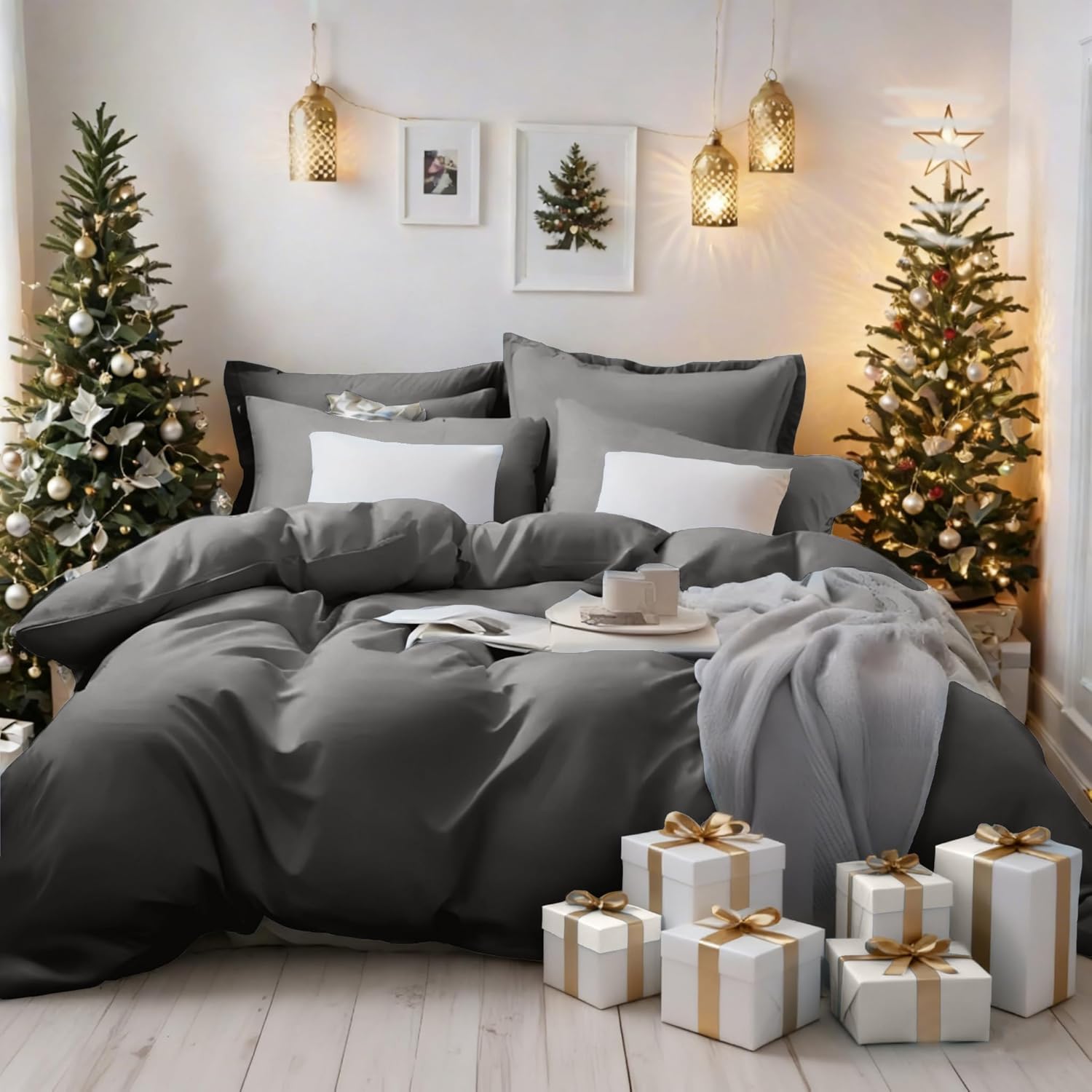 AYSW Bedding Single Duvet Cover Set 2 PCS Plain Brushed Microfiber Bedding 1 Duvet Cover with 2 Zippers and 1 Pillowcases Grey 2