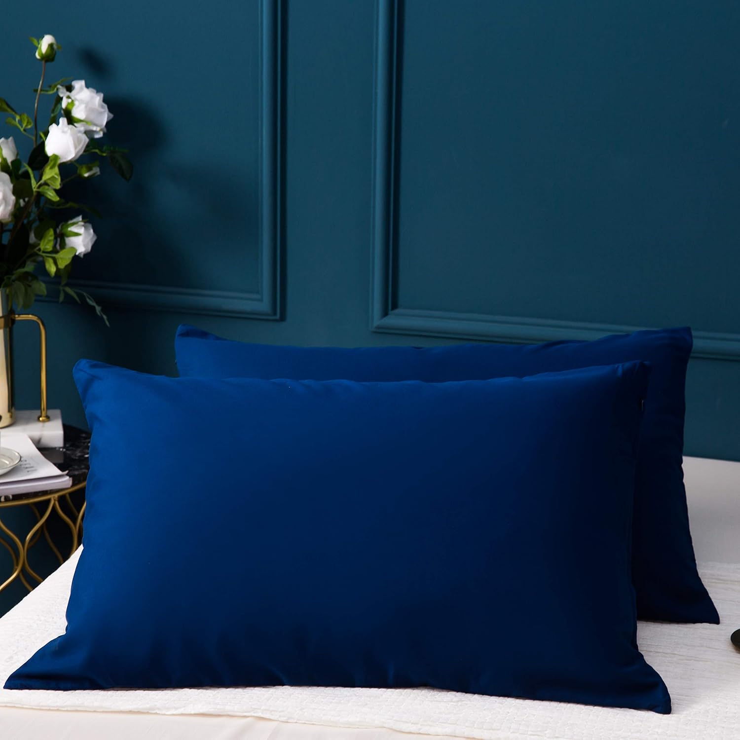2 x Zippered Housewife Pillowcases Brushed Microfiber Bedroom (50X75) cm Pillowcase Covers Protectors (Navy Blue) 2