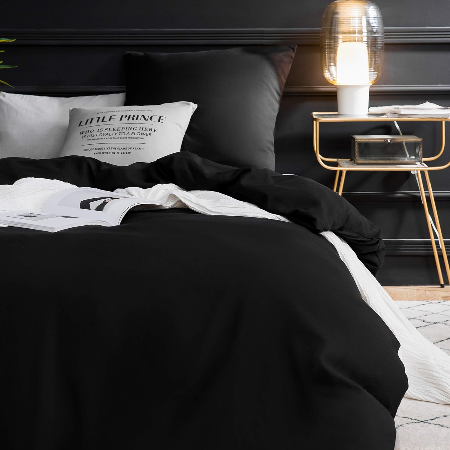 AYSW Duvet Cover 140x190/200cm+1 Pillowcases 65x65cm Black 1 Person Bedding Set 100 Threads/cm² in Microfiber with Zipper 4