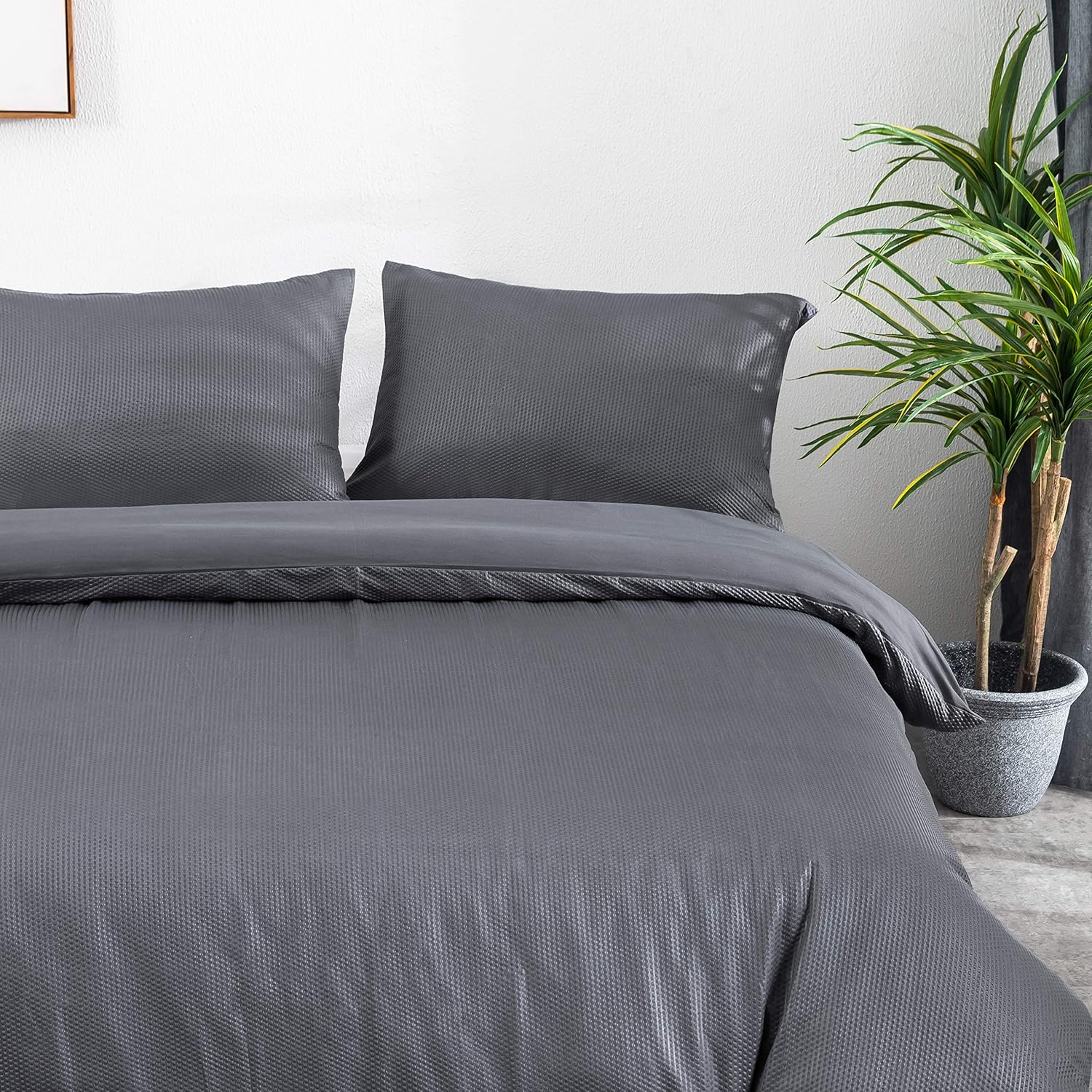 Duvet Cover Double Waffle Design Bedding Set 3 PCS Mcrofiber Grey 3