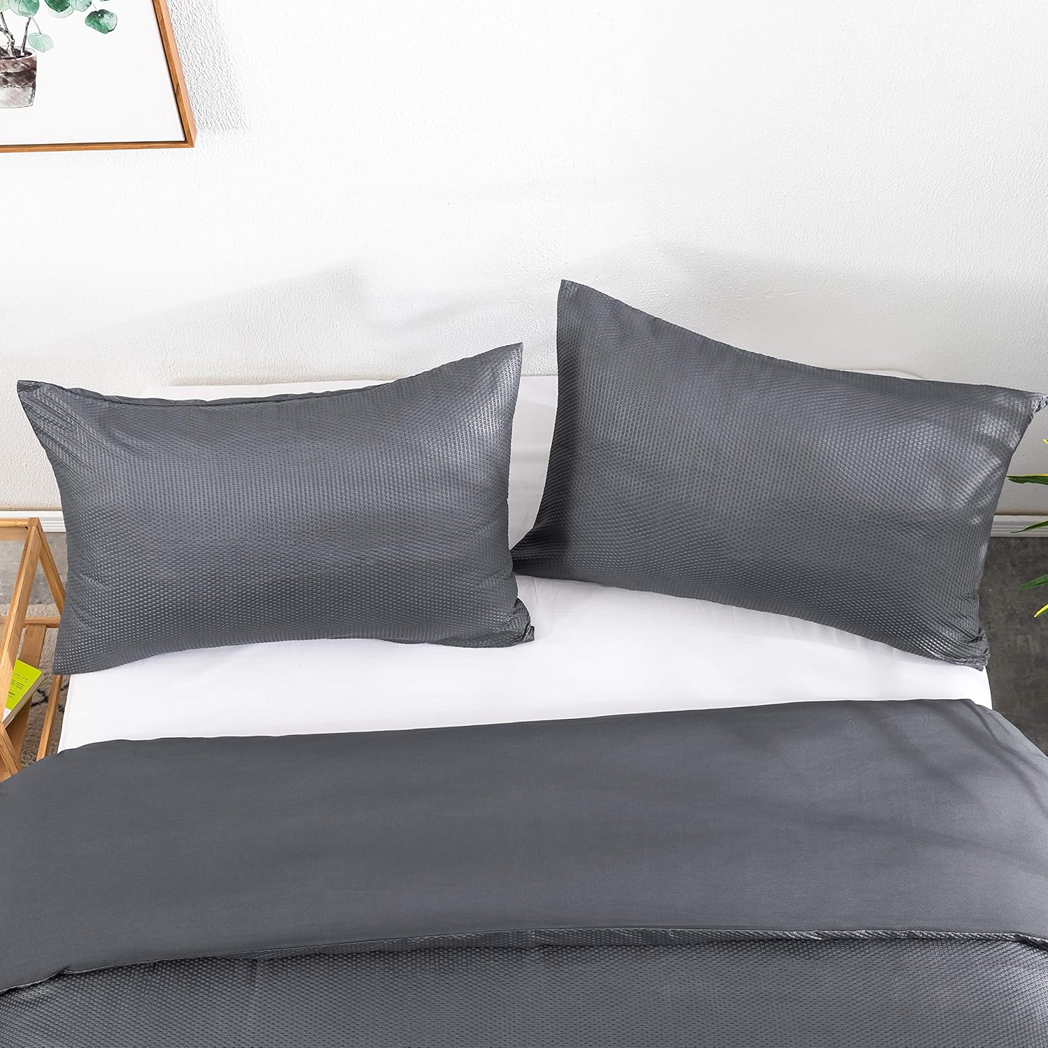 Duvet Cover Double Waffle Design Bedding Set 3 PCS Mcrofiber Grey 2