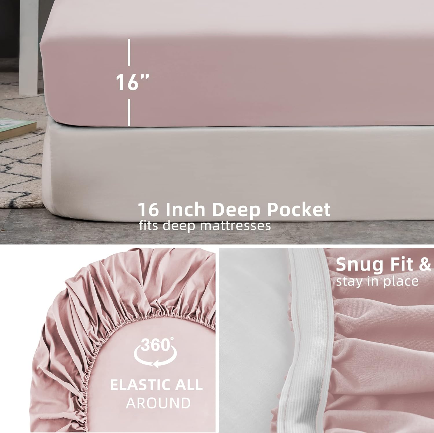 AYSW ‌Deep Pocket Fitted Sheet Twin - Extra Tight Fit with Wide Elastic Band, No Pilling Double Brushed Microfiber 1800, All Season & Breathable Bed Sheet for Mattress from 8'' to 16" - Pink 6