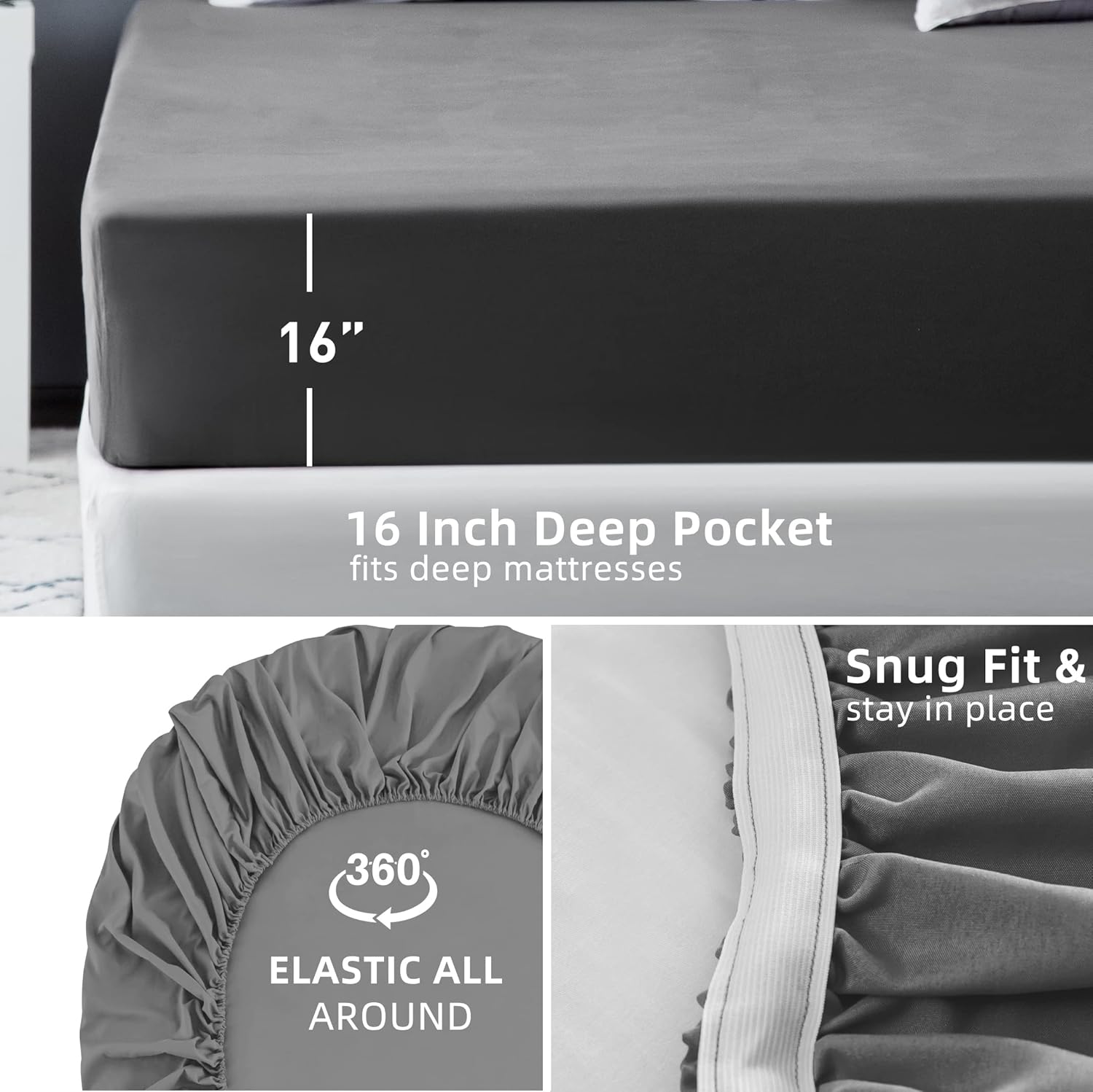 AYSW Fitted Sheet Queen Wide Band Deep Pocket Tight Fit No Pilling Double Brushed Microfiber 1800 Durable and Breathable Sheet Suitable for Mattress up to 16'' Gray 4